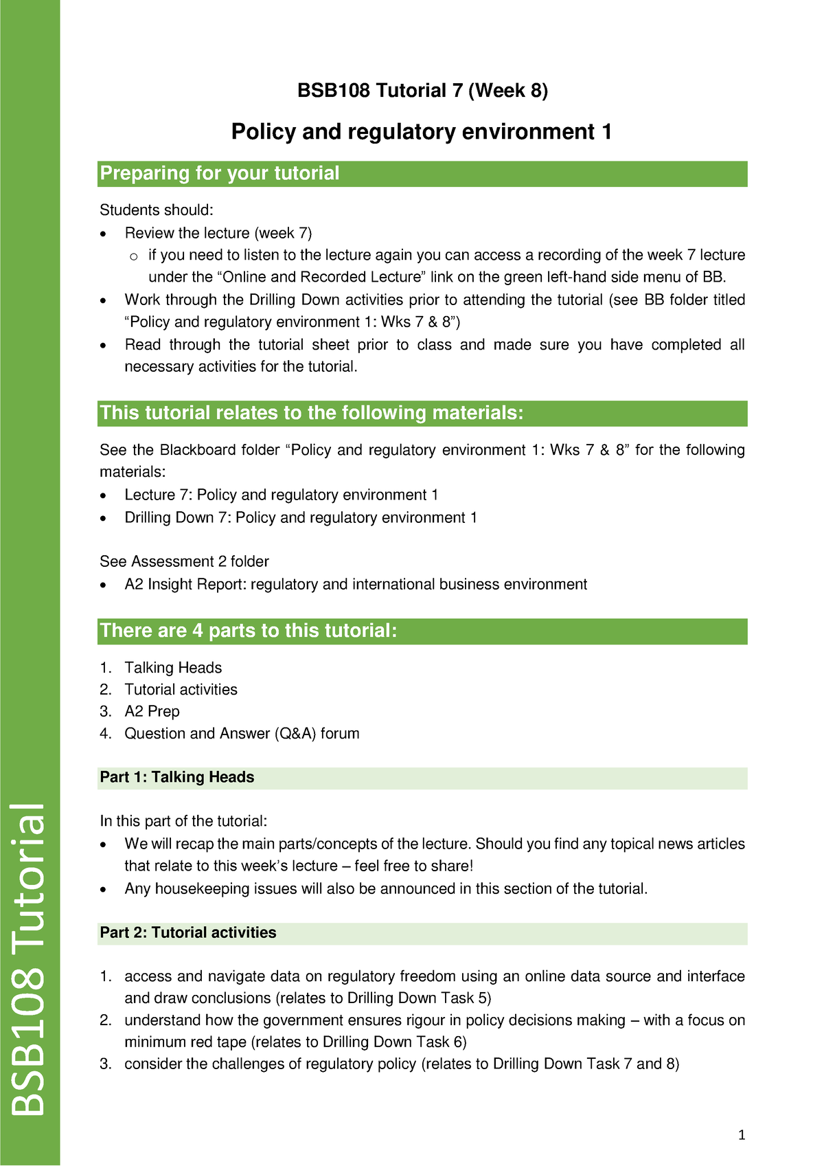 BSB108 Tutorial 7 Week 8 Policy And Regulation 1 V3 - 1 BSB Tutorial ...