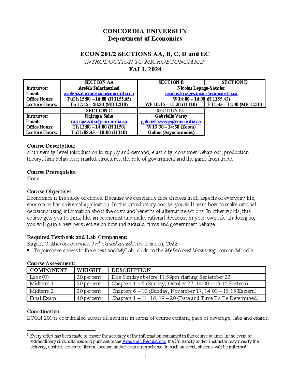 ECON201 syllabus - Summary Introduction to Microeconomics - CONCORDIA ...