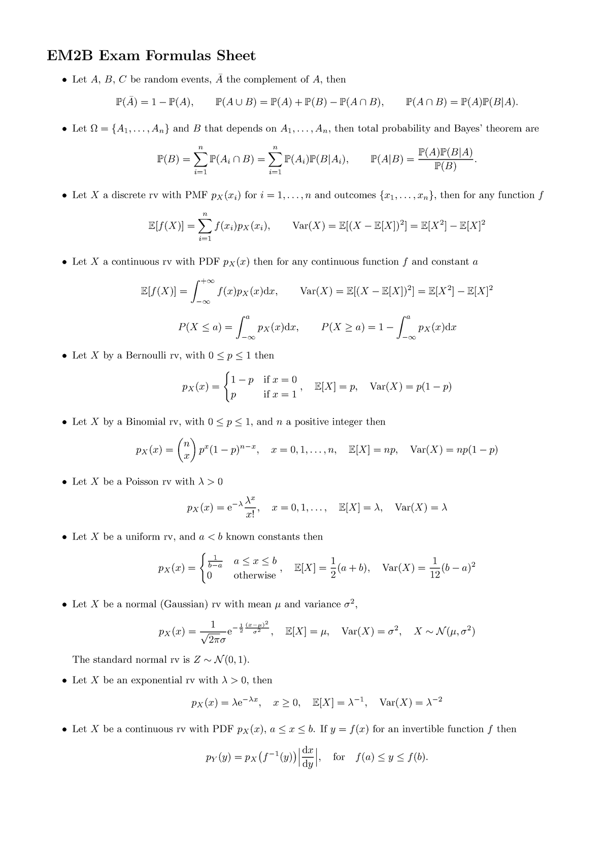 Em B Exam Appendix Formula Sheet Em B Exam Formulas Sheet Let A B