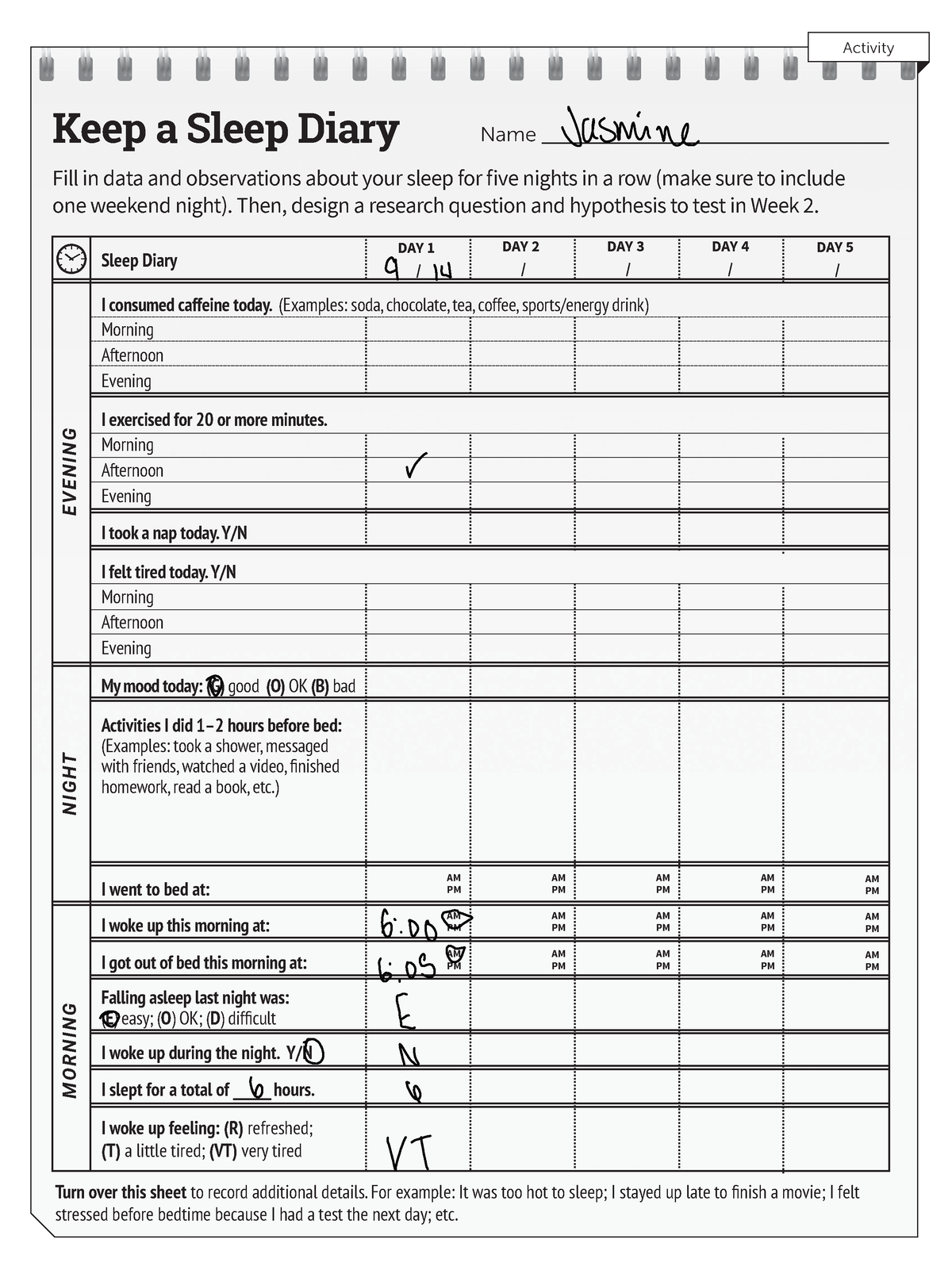 Sleep-Circadian Rhythm All - Activity Keep a Sleep Diary Name Fill in ...