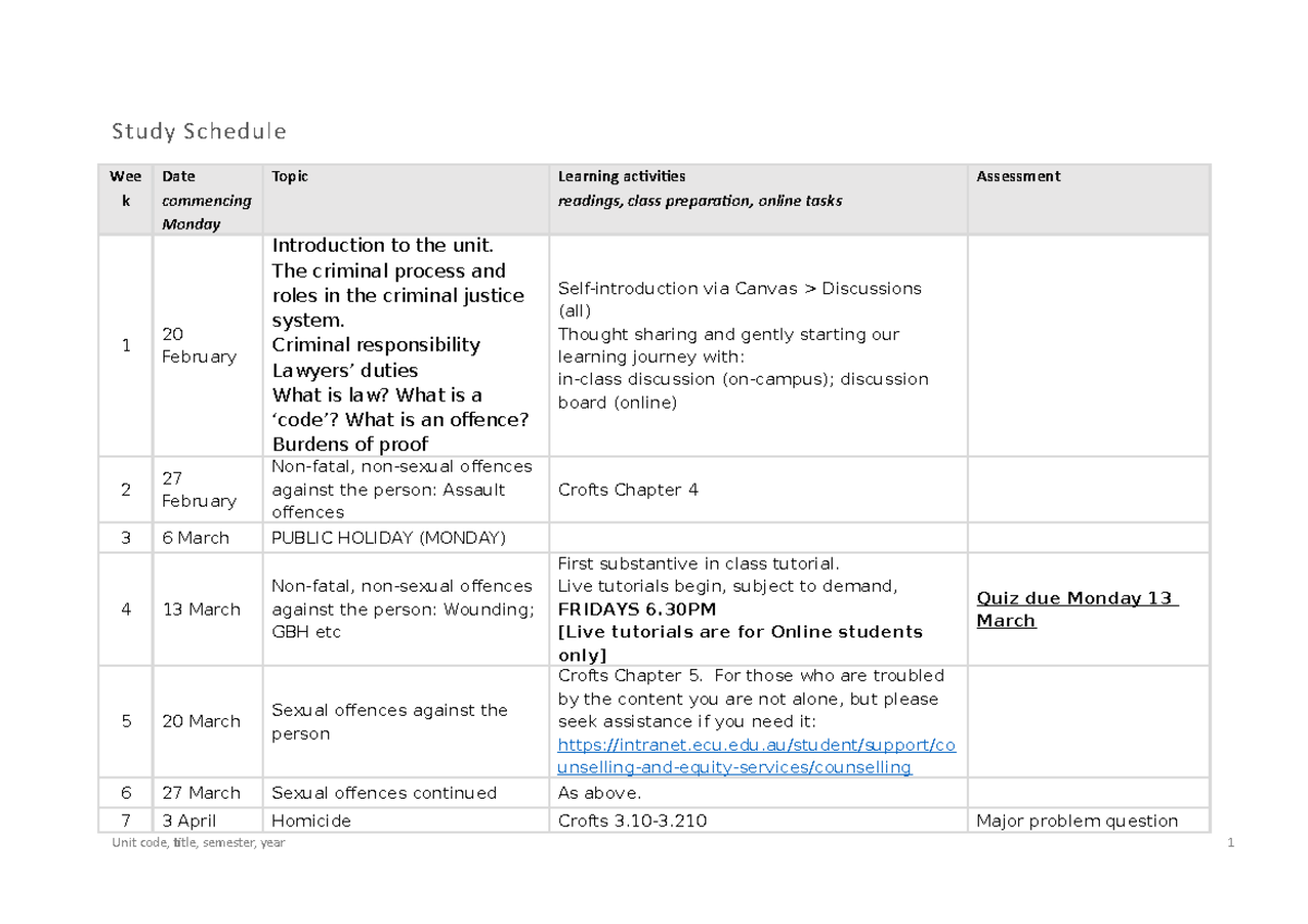 Crim I 2023 ECU Semester Schedule Study Schedule Wee k Date