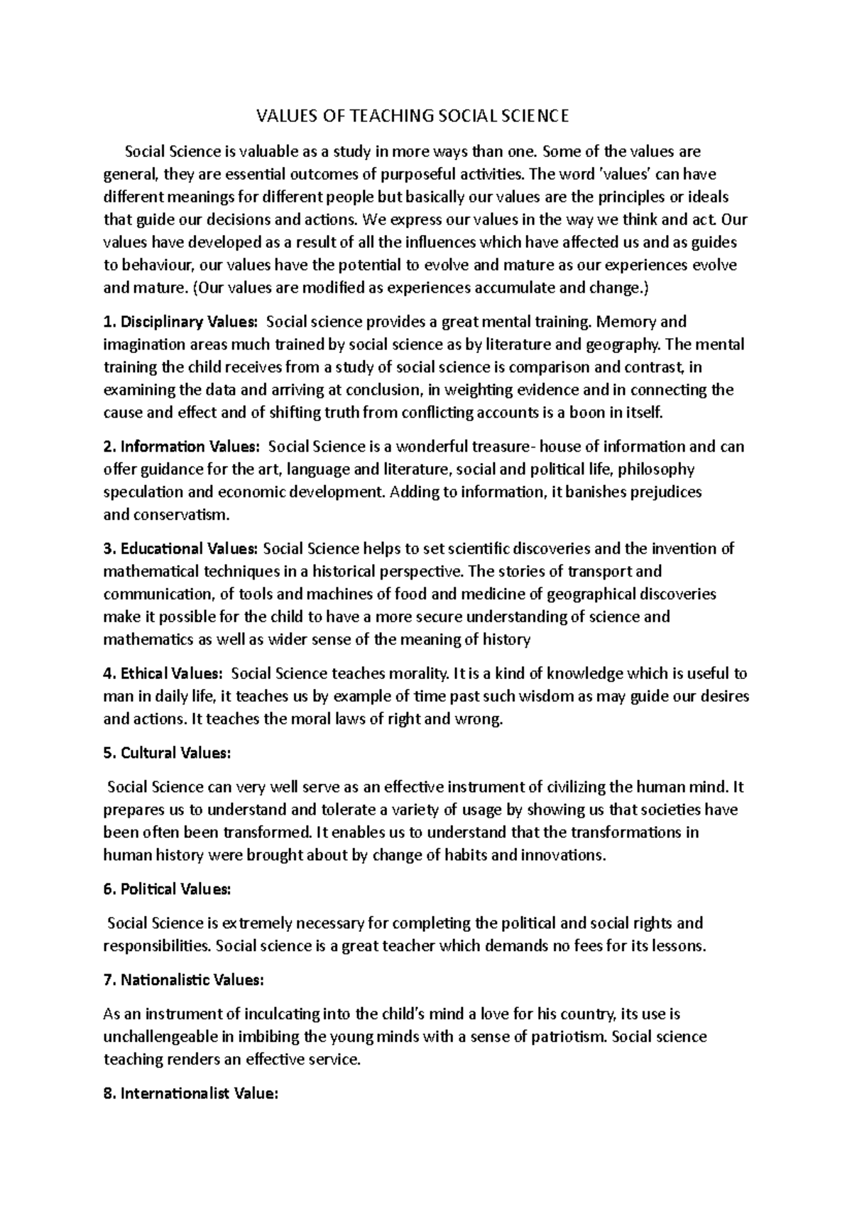 Values of ss - bed - VALUES OF TEACHING SOCIAL SCIENCE Social Science ...