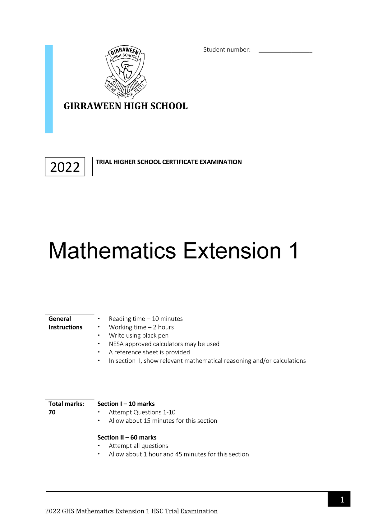 Girraween 2022 Extension 1 Solutions - 2022 Ghs Mathematics Extension 1 