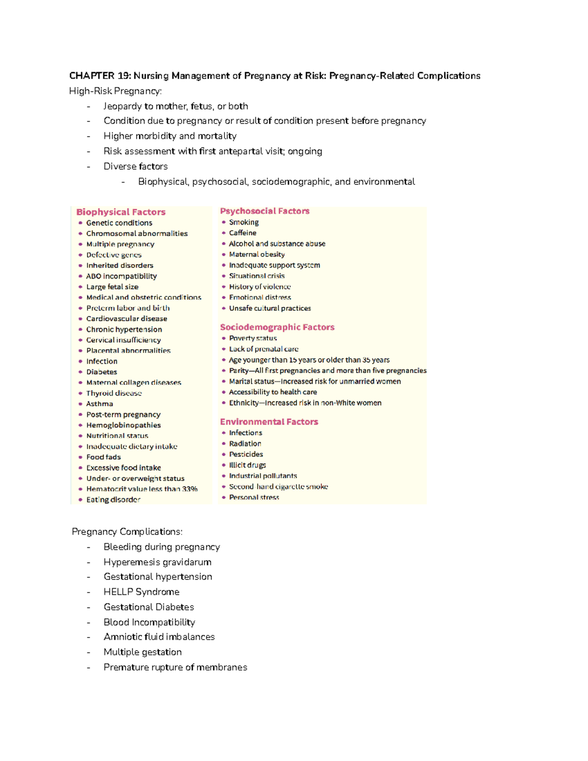 OB Exam 3 Notes - CHAPTER 19: Nursing Management of Pregnancy at Risk ...