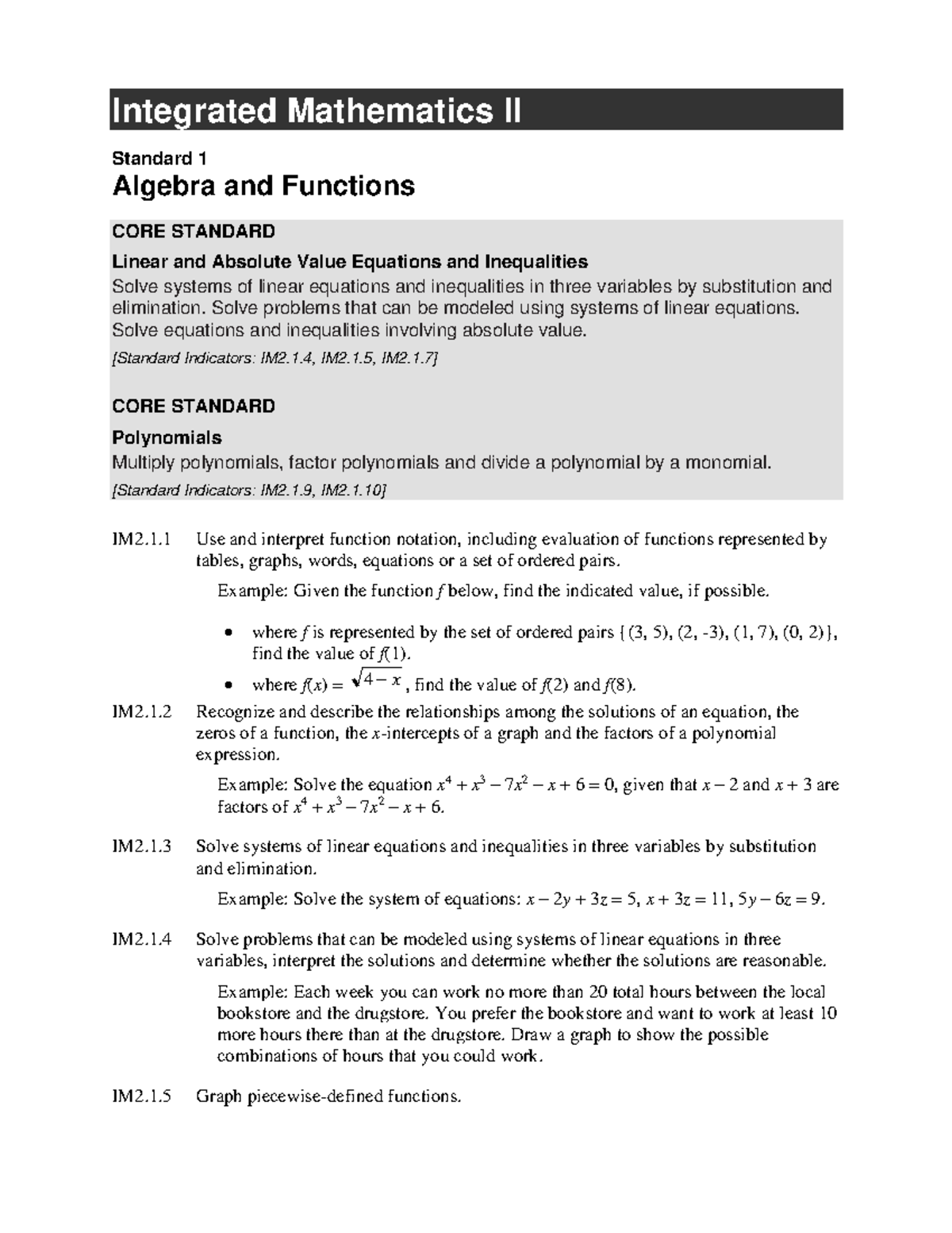 Math IAS 2009 Integrated Math 2 - Integrated Mathematics II Standard 1 ...