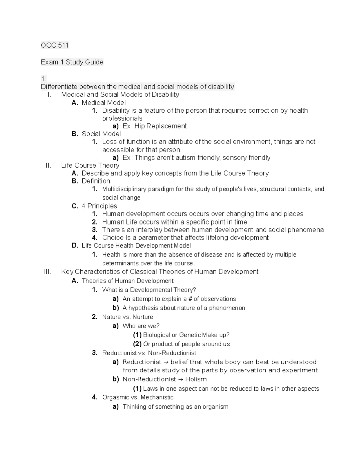 OCC 511 Study Guide Exam 1 OCC 511 Exam 1 Study Guide 1