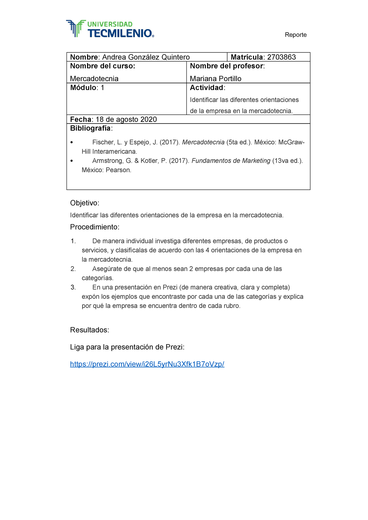 Act1. Mercadotecnia - TecMilenio Reporte Nombre Andrea Gonz Lez ...