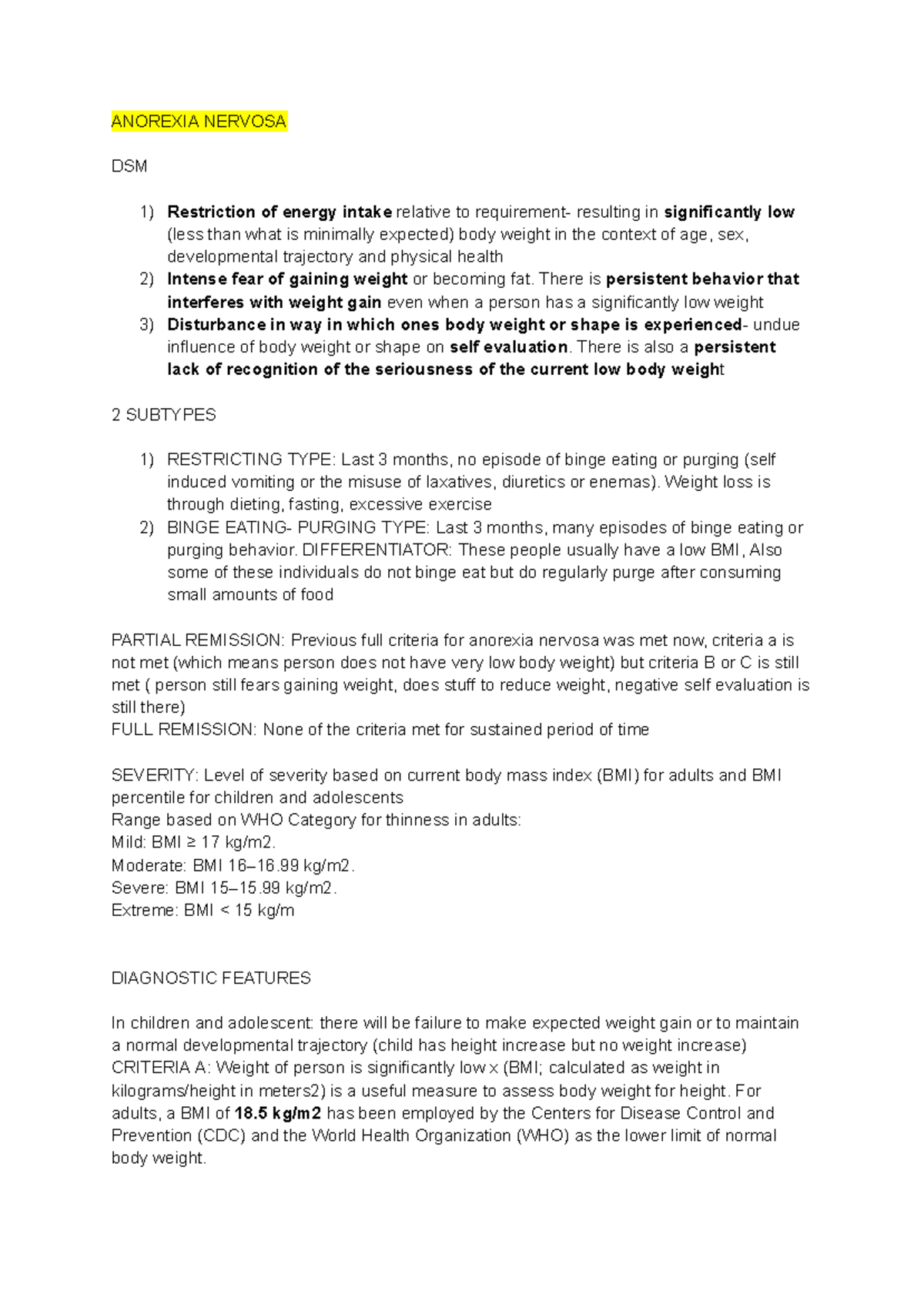 Anorexia Nervosa - ANOREXIA NERVOSA DSM Restriction of energy intake ...