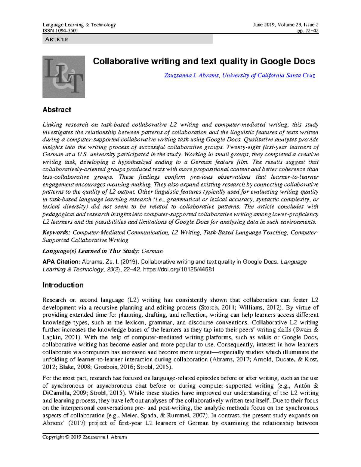Collaborative writing and text quality in Google Docs - Language ...