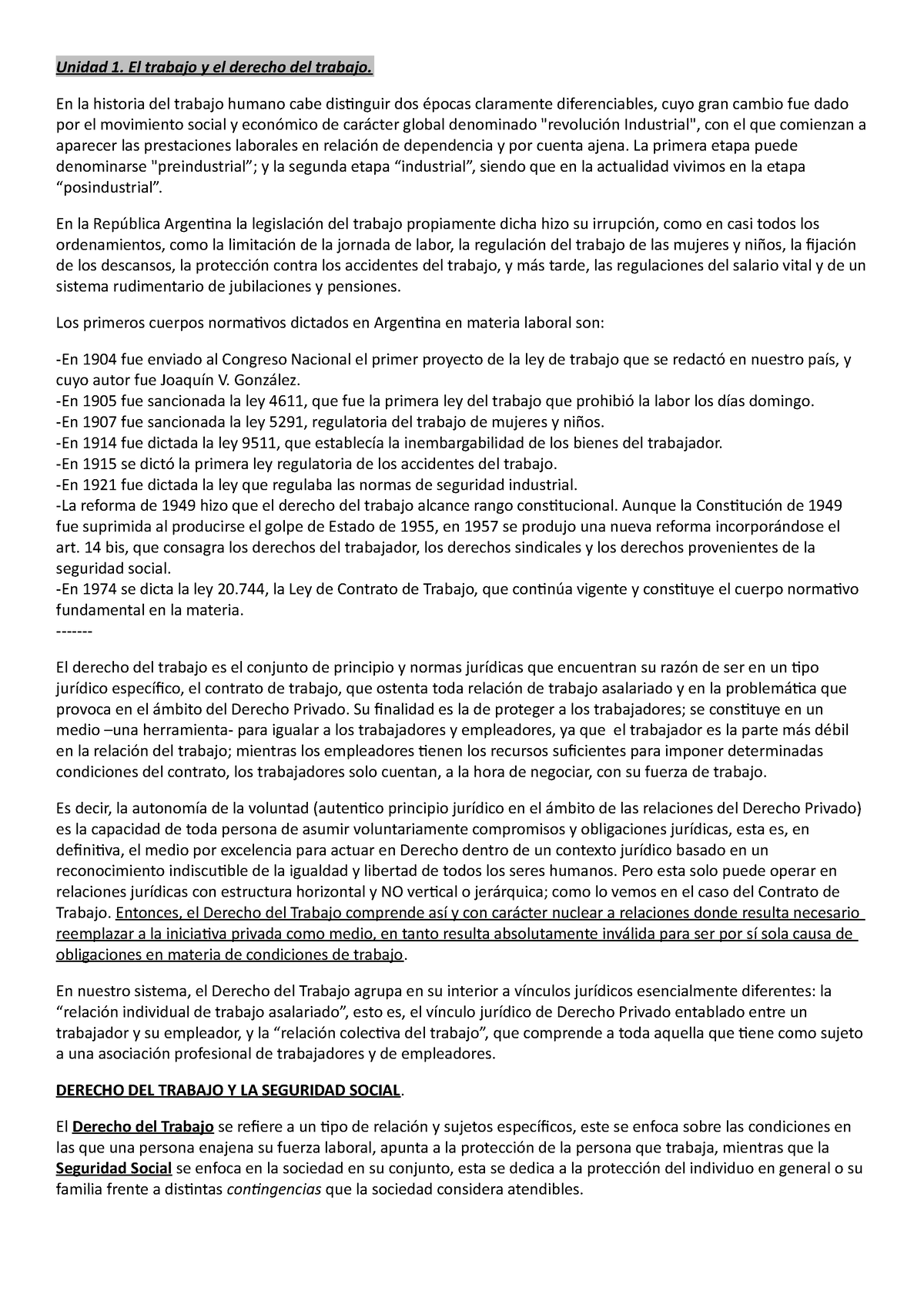 Primer Parcial - Es Un Resumen Preciso - Unidad 1. El Trabajo Y El ...