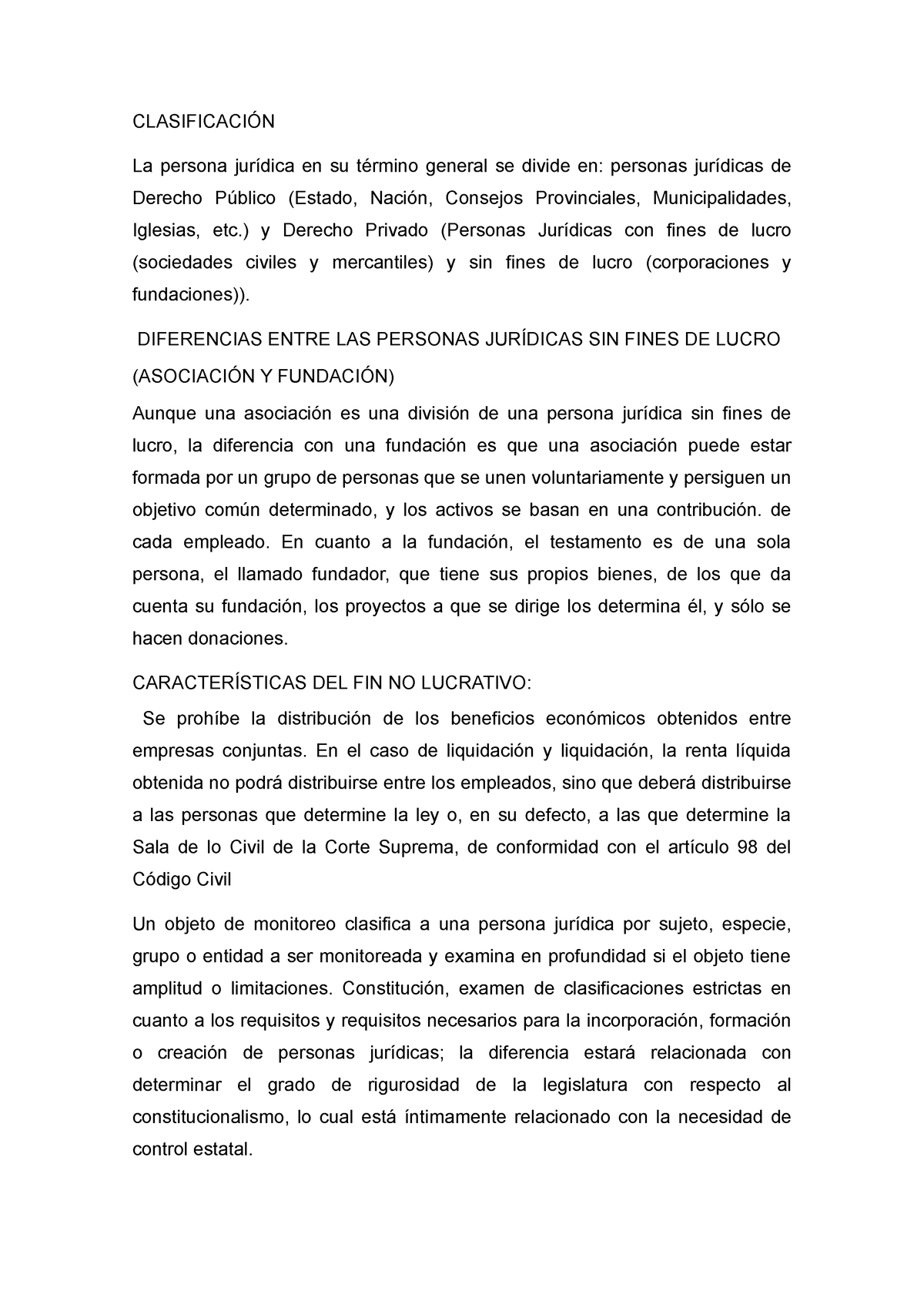 Clasificación De La Persona Juridica Sin Fines De Lucro ClasificaciÓn