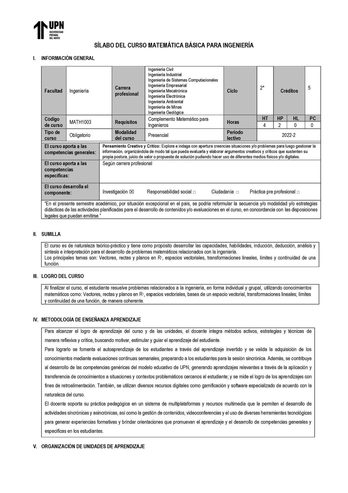 MATH Silabo Matba ING SÕLABO DEL CURSO MATEMTICA BSICA PARA INGENIERÕA I