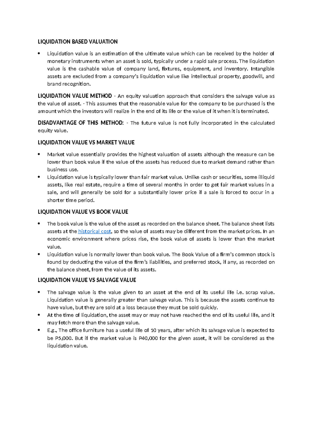 Liquidation Based Valuation - LIQUIDATION BASED VALUATION Liquidation ...