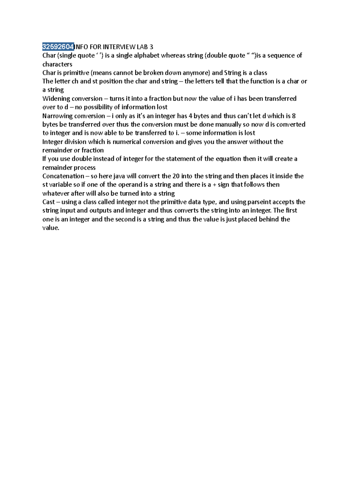 INFO FOR Interview LAB 3 - 32592604 INFO FOR INTERVIEW LAB 3 Char ...