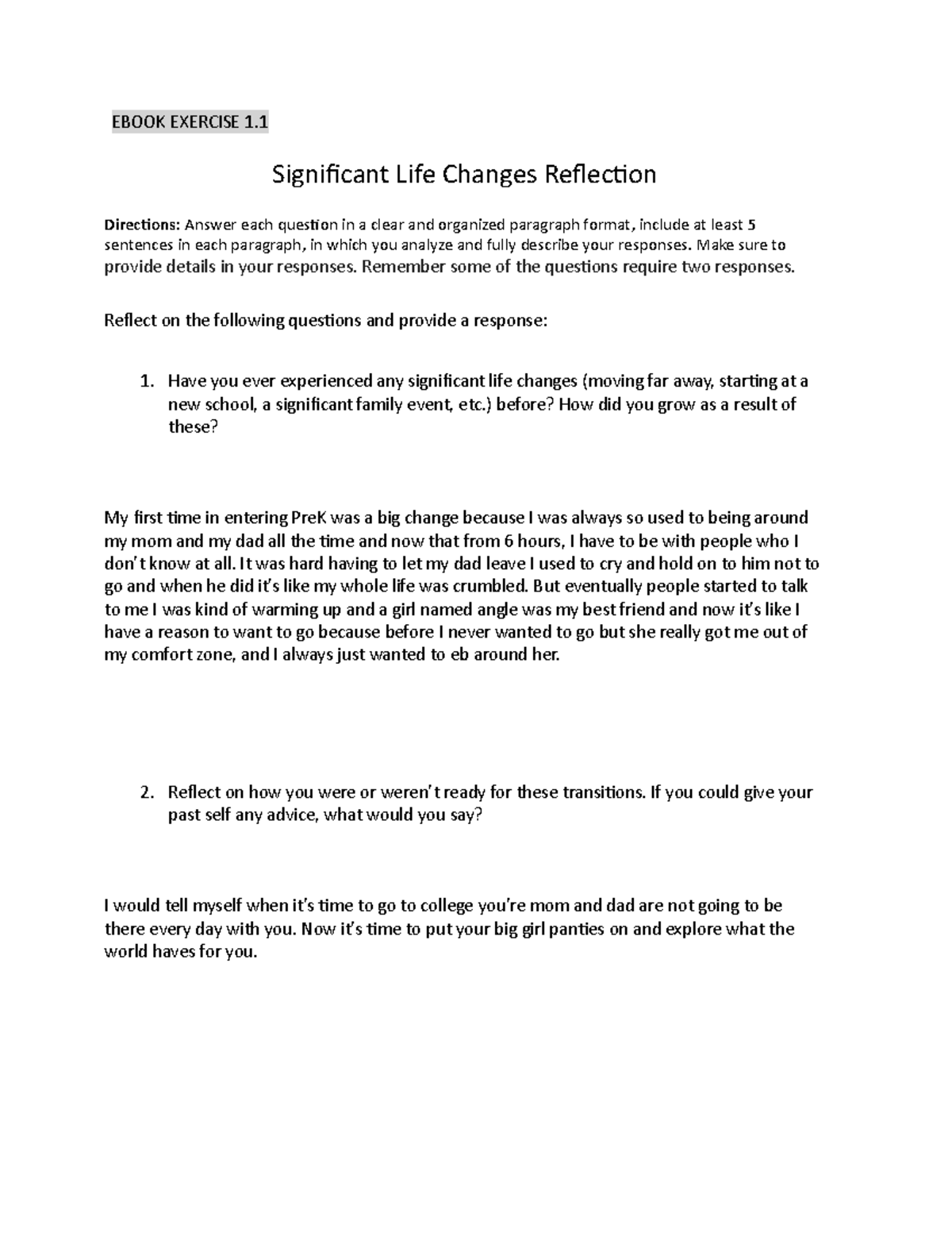 1 - Notes before a test - EBOOK EXERCISE 1. Significant Life Changes ...