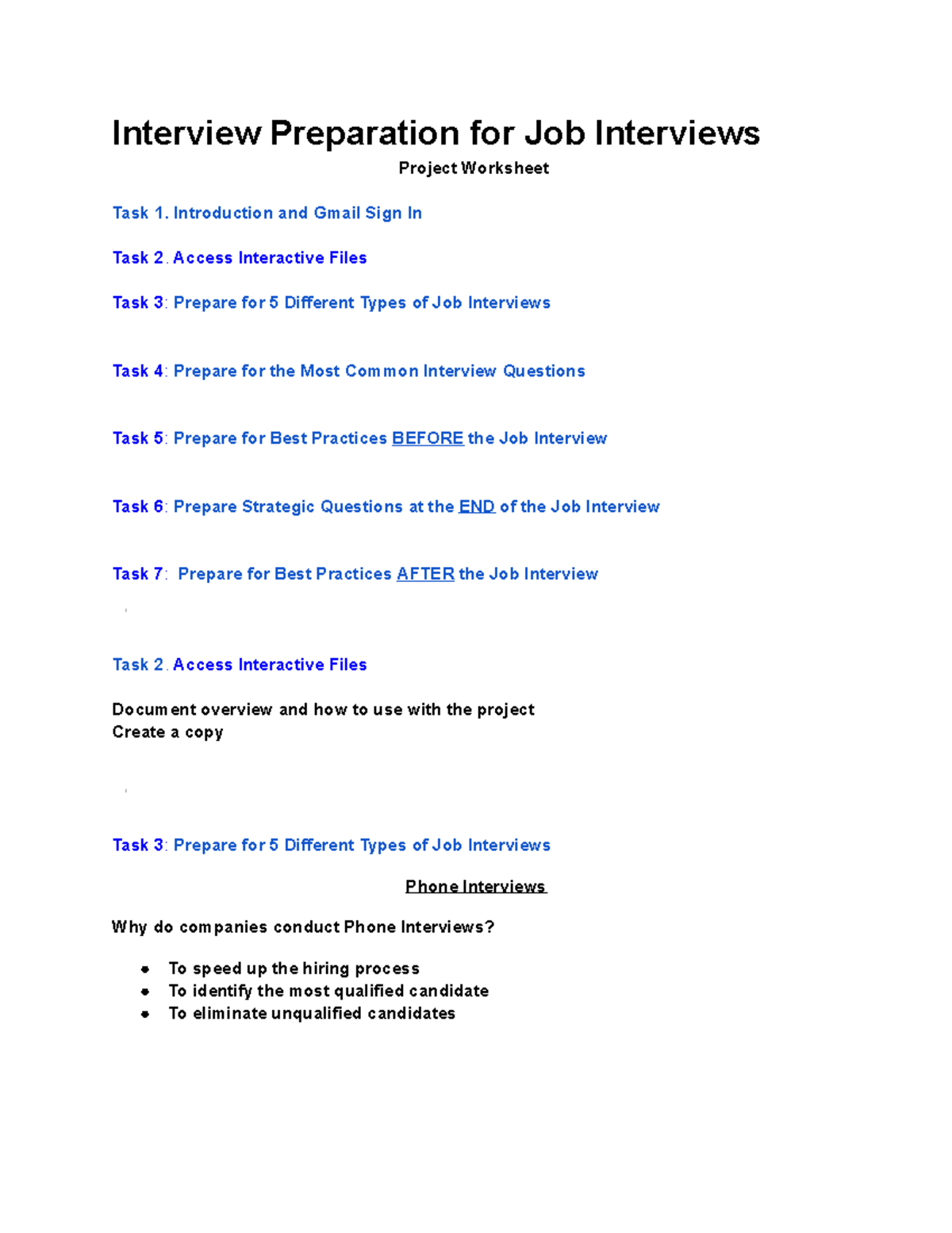 Interview Preparation for Job Interviews Project Worksheet ...