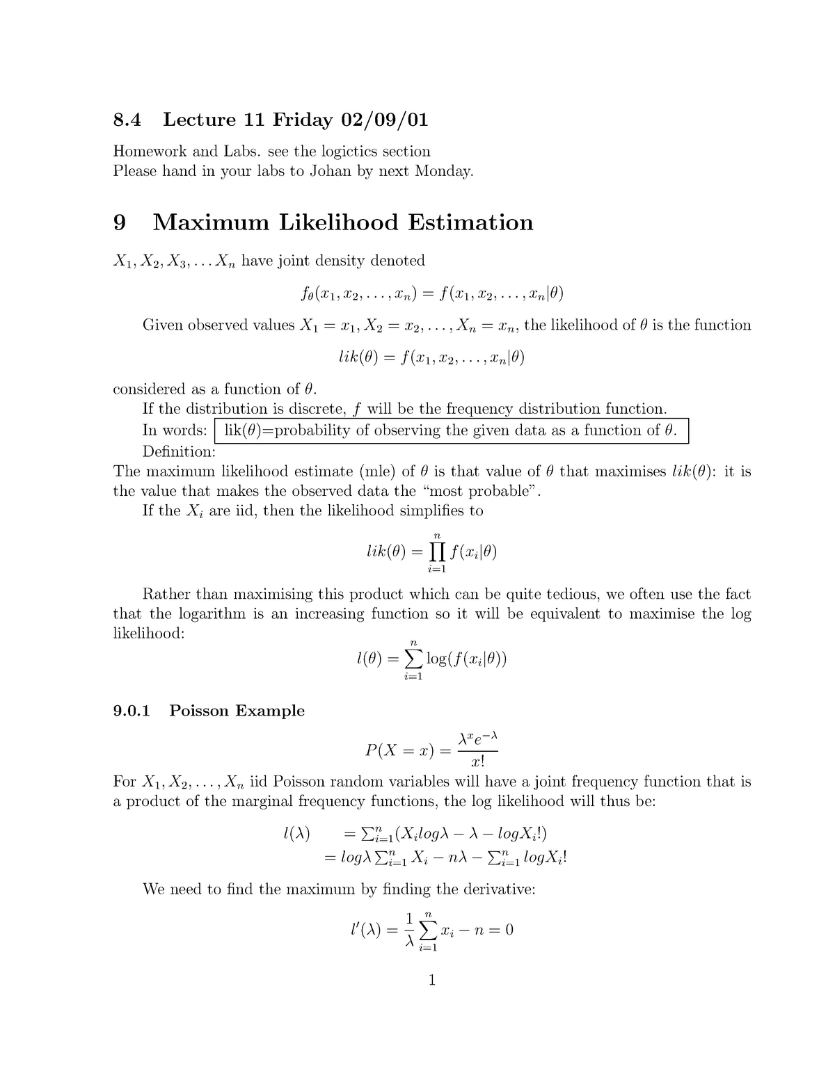 Maximum Likelihood Estimation - 8 Lecture 11 Friday 02/09/ Homework And ...