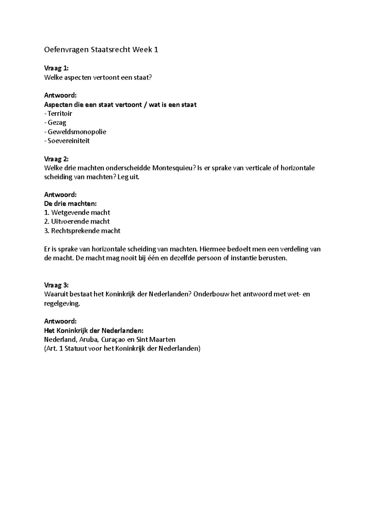 Vragen Week 1 Oefenvragen Staatsrecht Week 1 Vraag 1 Welke Aspecten 