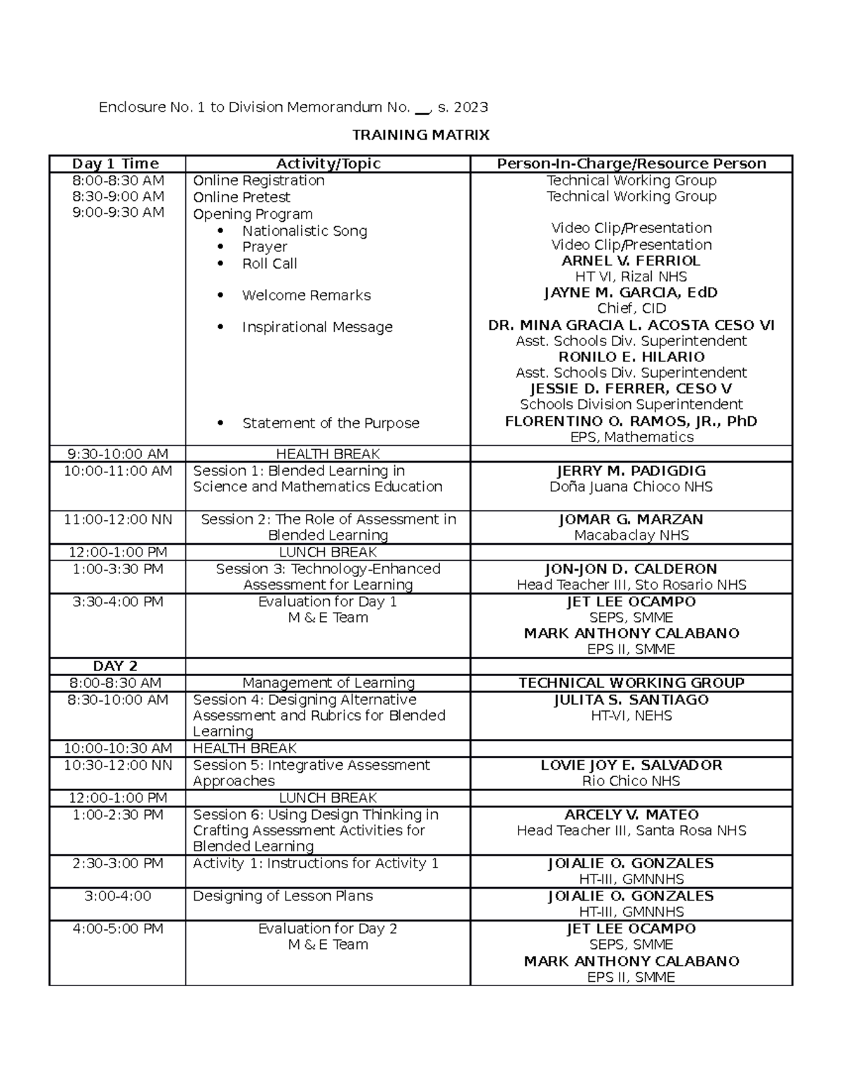 Training matrix - notes - Enclosure No. 1 to Division Memorandum No ...