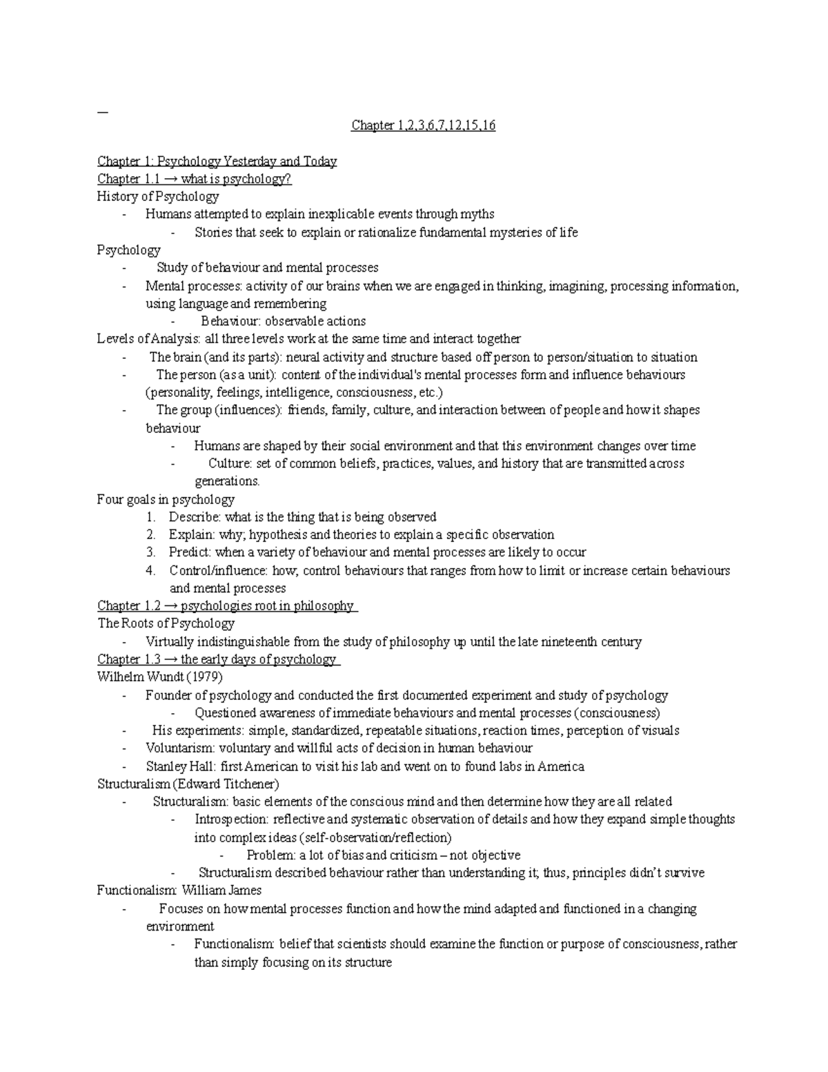 Psych Exam Notes Chapter 1,2,3,6,7,12,15, Chapter 1 Psychology