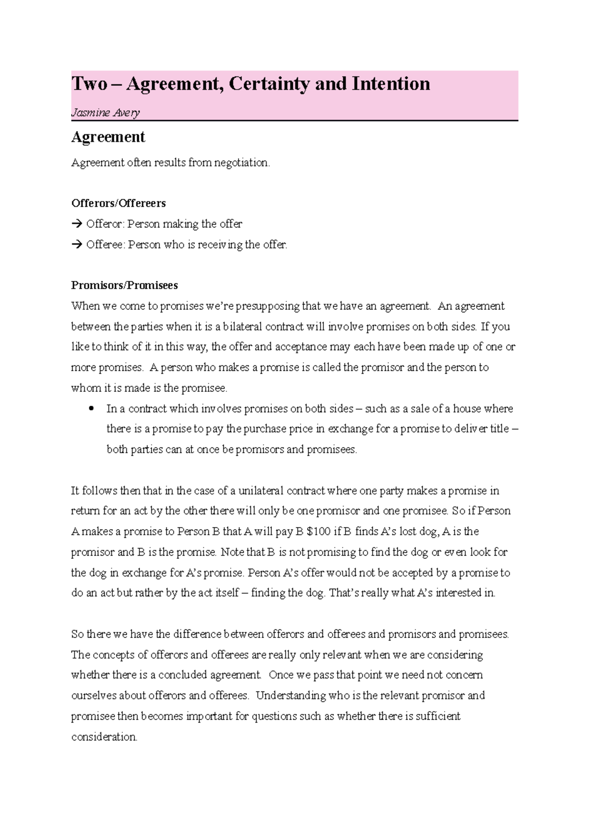 LLB202 Lecture 2 Contract Law - Two – Agreement, Certainty and ...
