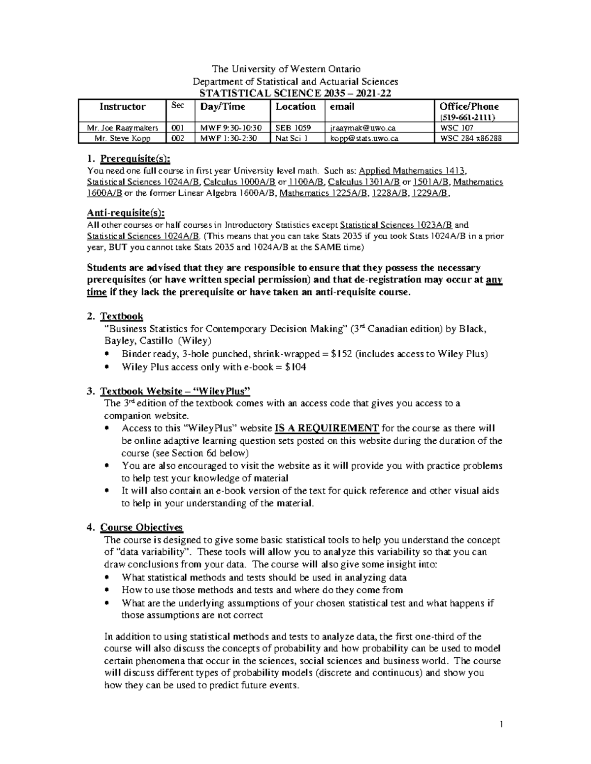 Statistical Sciences 2035 Syllabus 2021 - The University of Western ...