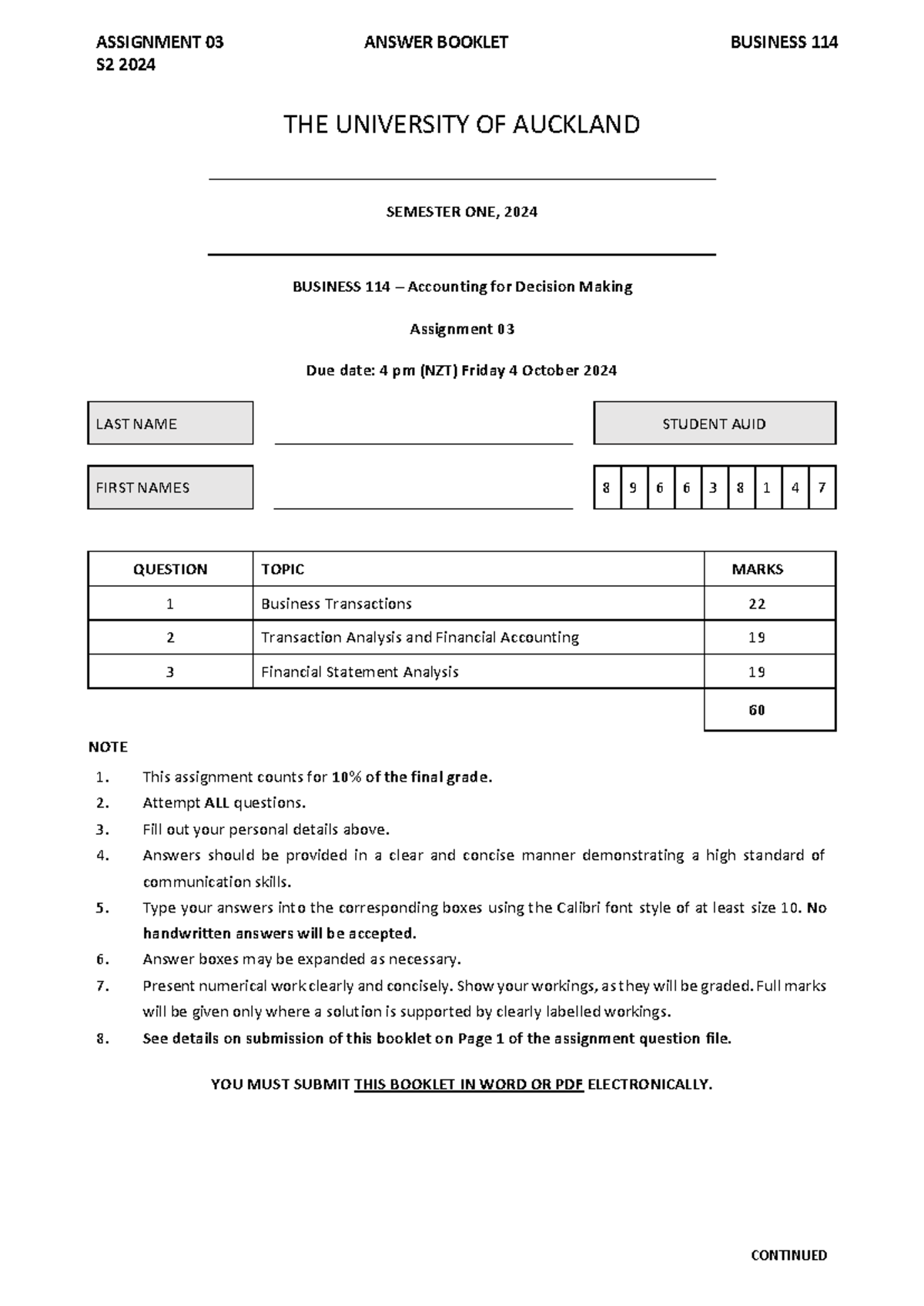 BUS114 Assignment 03 S2 2024 - Answer Booklet - S 2 2024 THE UNIVERSITY ...