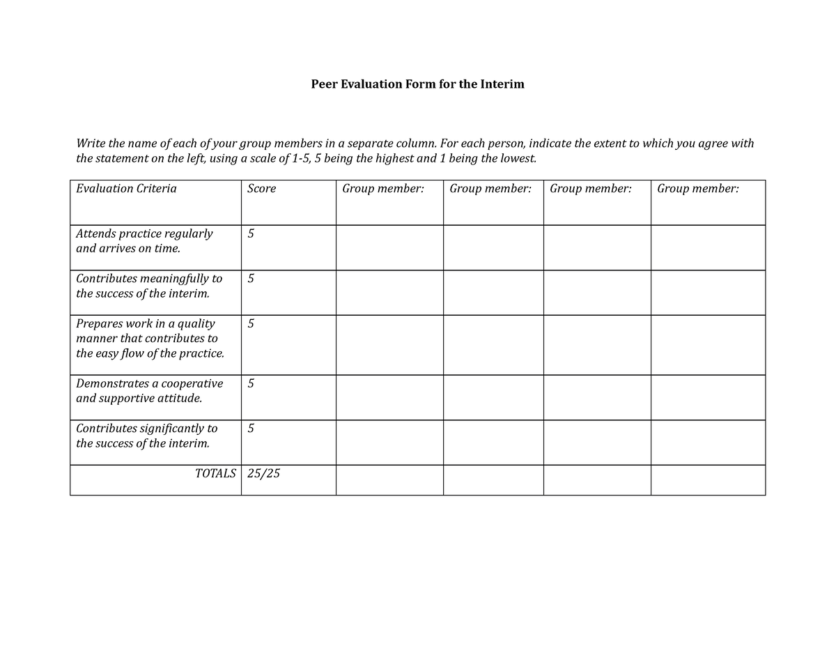 Peer Evaluation Form for leaders - Peer Evaluation Form for the Interim ...