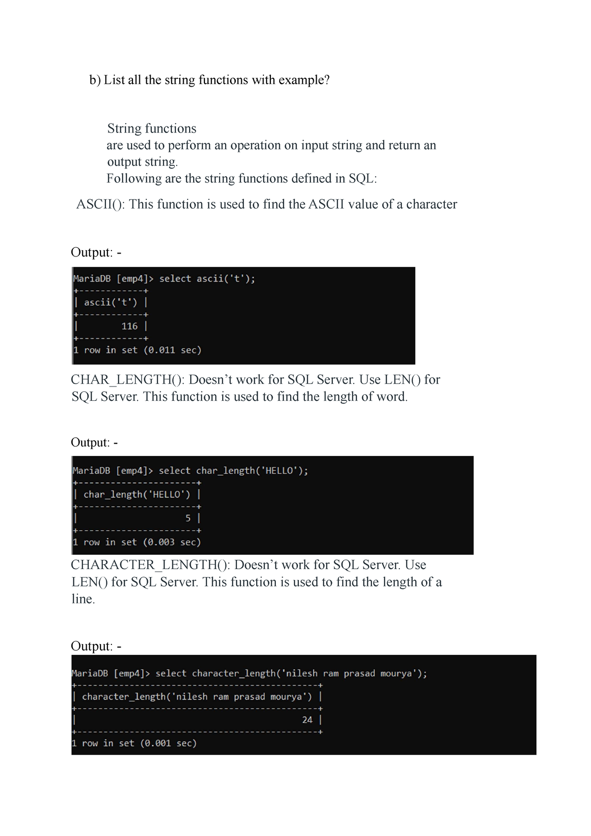 DBMS3 - Notes - B) List All The String Functions With Example? String ...