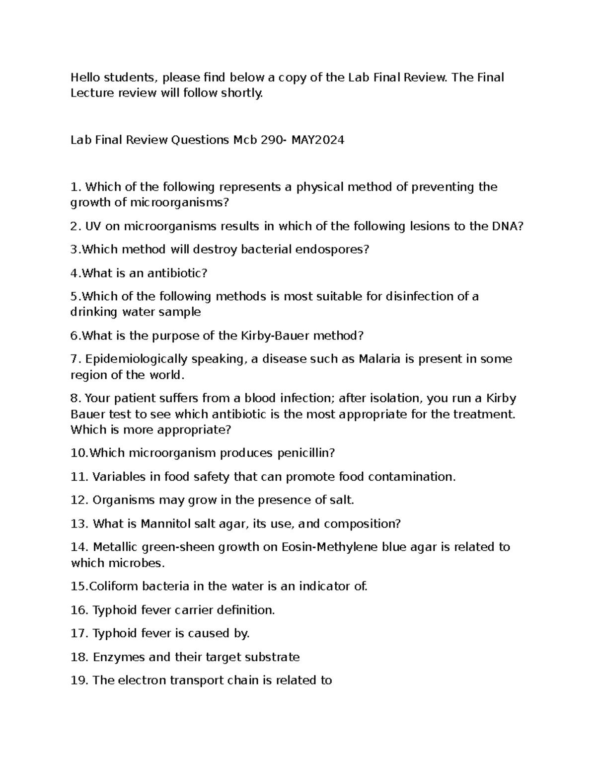 Micro Lab final review Hello students, please find below a copy of