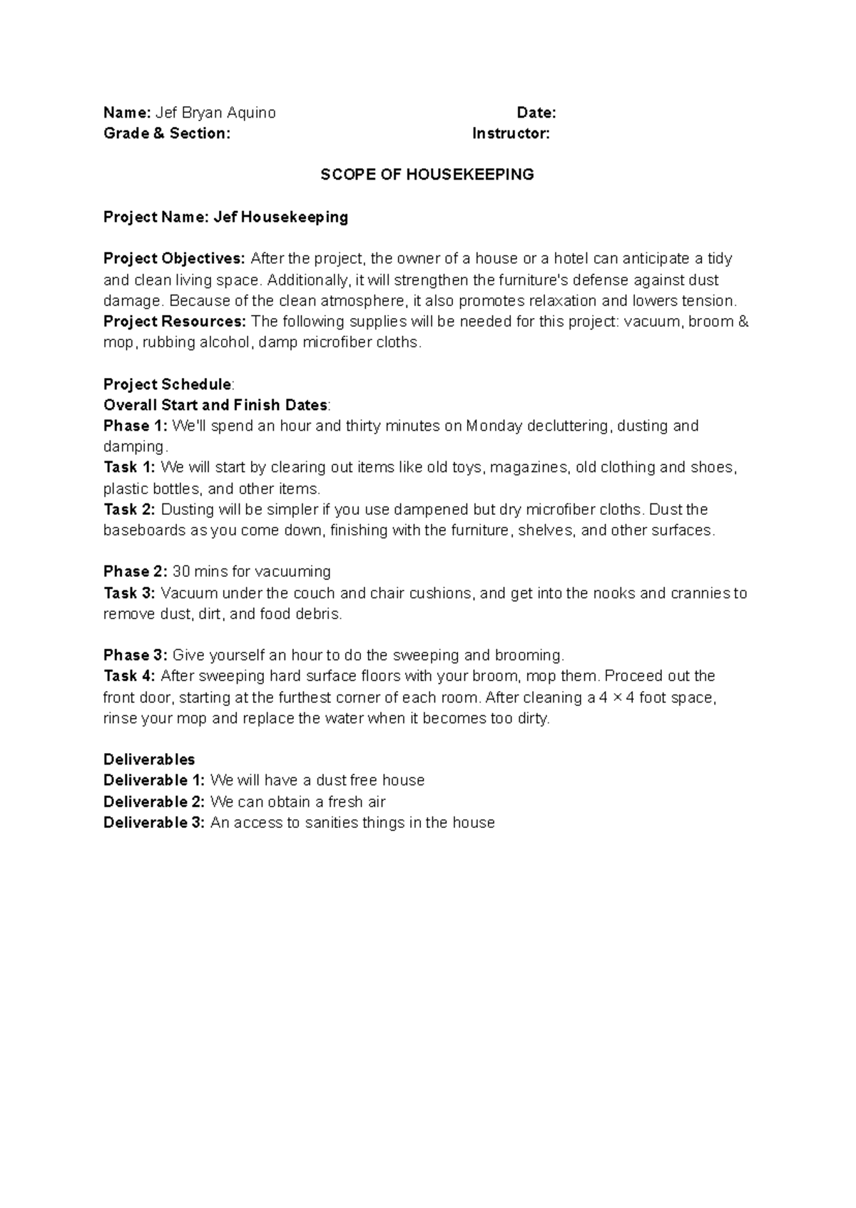 Scope of Housekeeping - Kaisisksa - Name: Jef Bryan Aquino Date: Grade ...