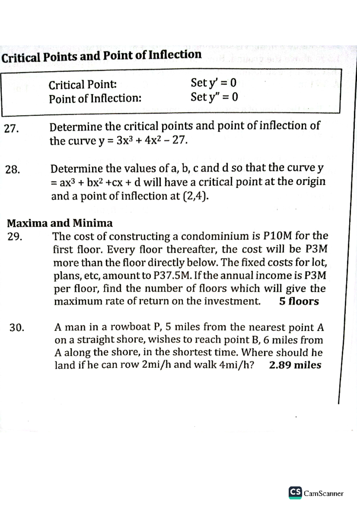 Critical Point and Point of Inflection, Maxima and Minima, Time Rates
