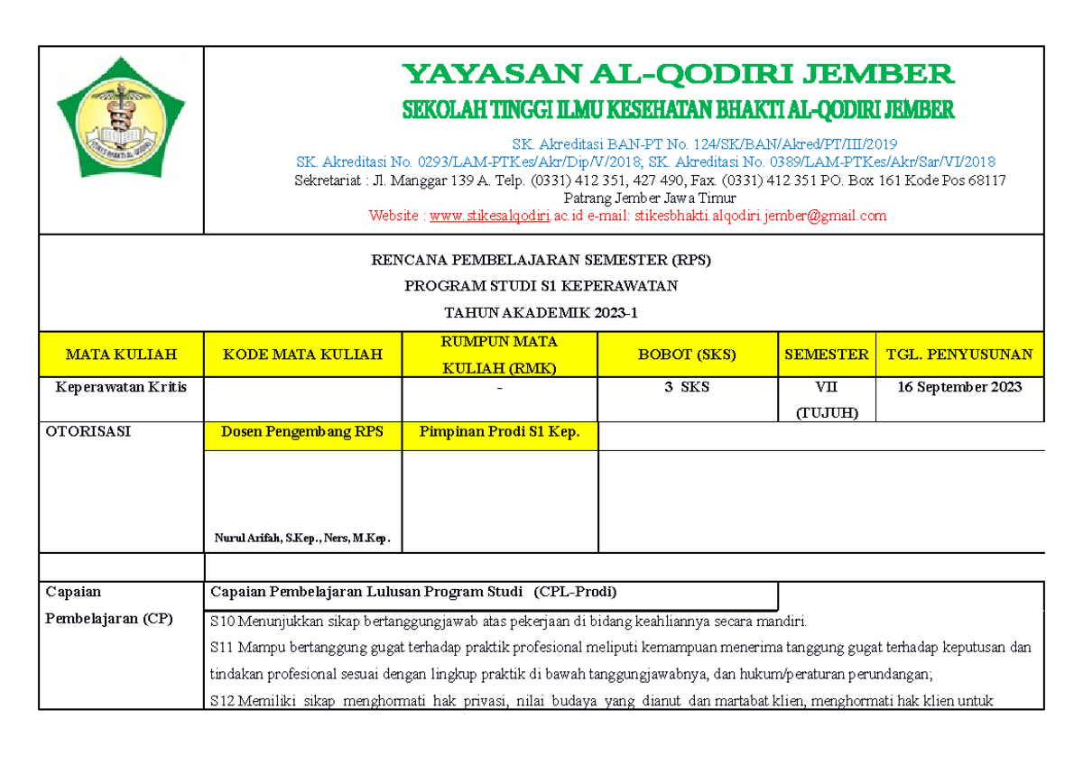 KEP. Krtis RPS - rencana pembelajaran semester mk kritis - SK ...