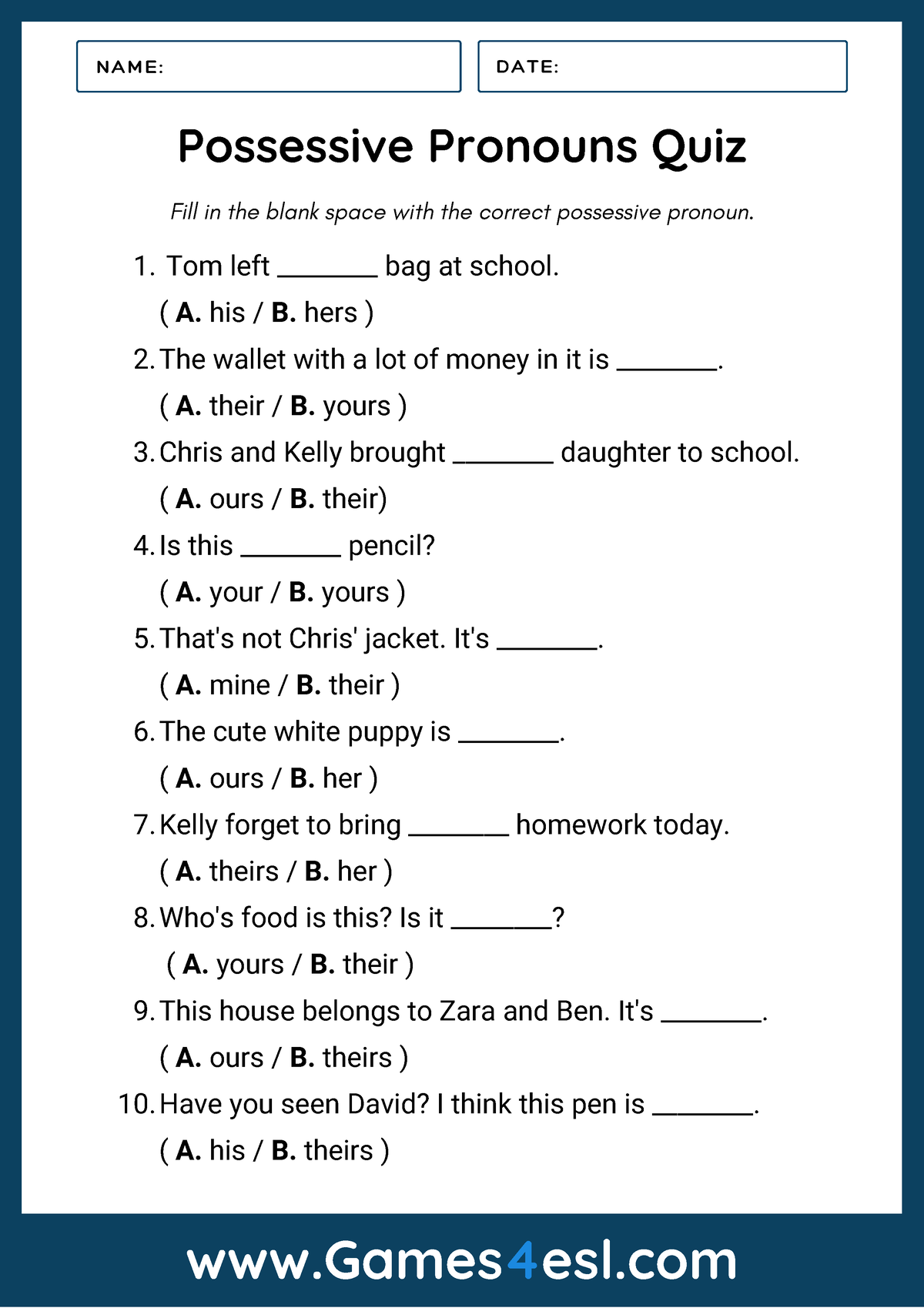 Possessive Pronouns Quiz With Answers PDF - N A M E : D A T E : Games 4 ...