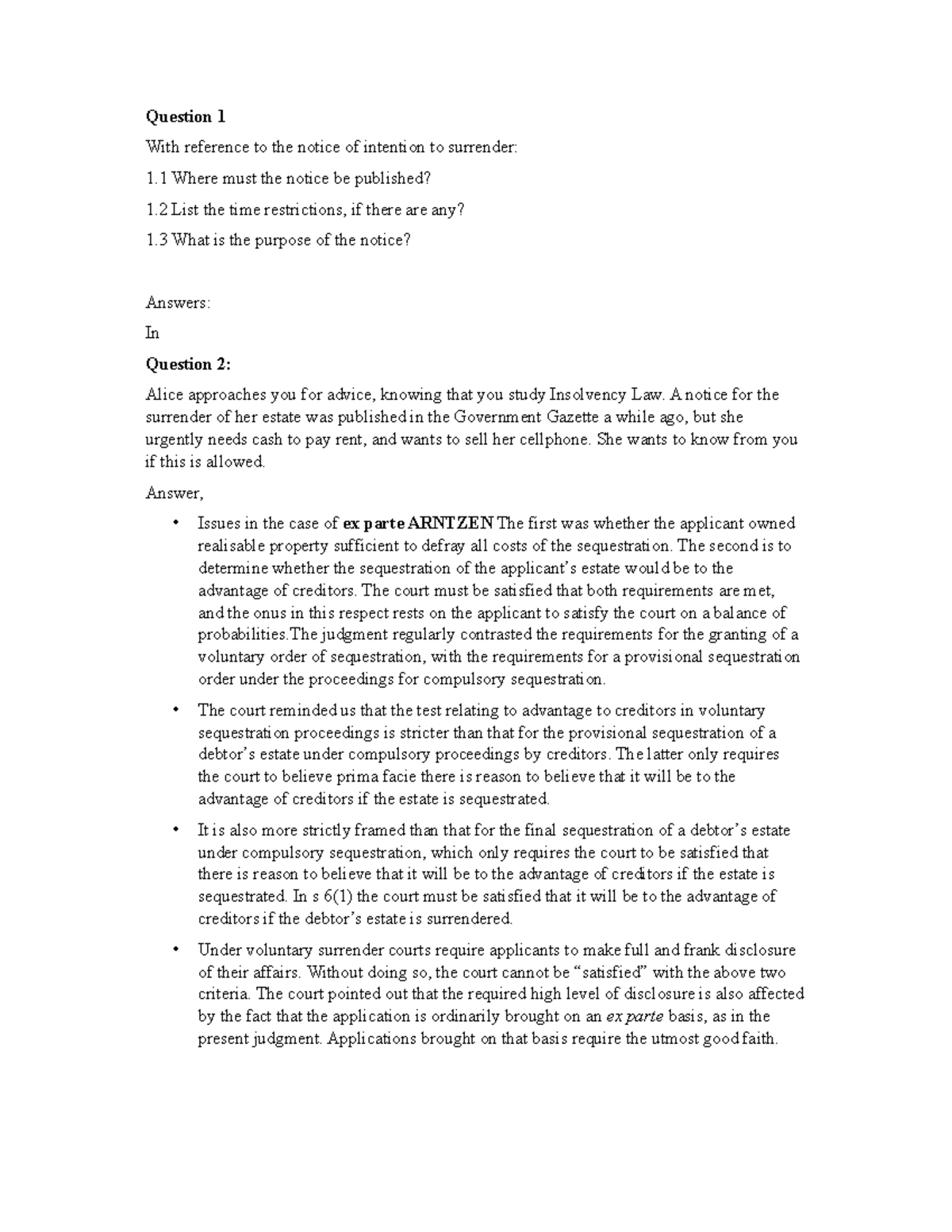 Insolvency Voluntary Surrender Question 1 With Reference To The
