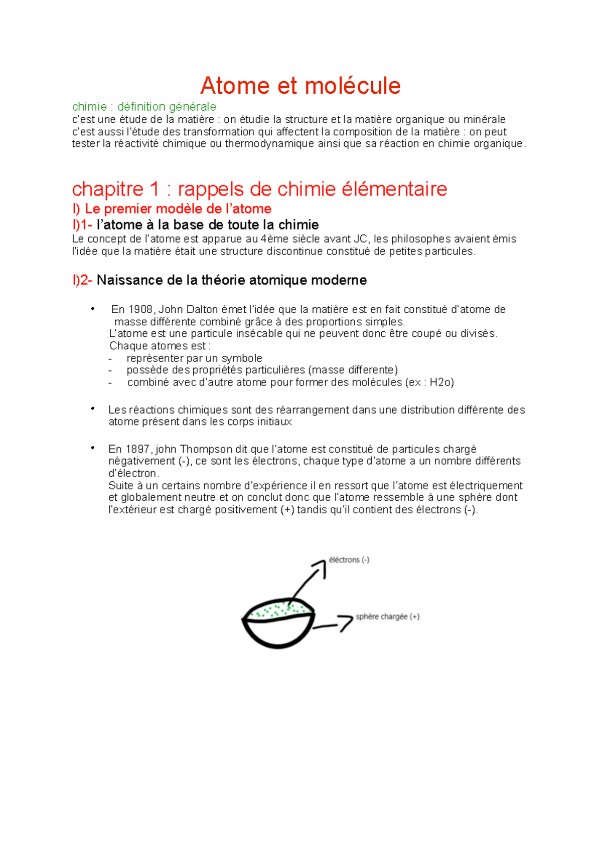 Chapitre 1 - Notes de cours 1 - Atome et molécule chimie : définition ...