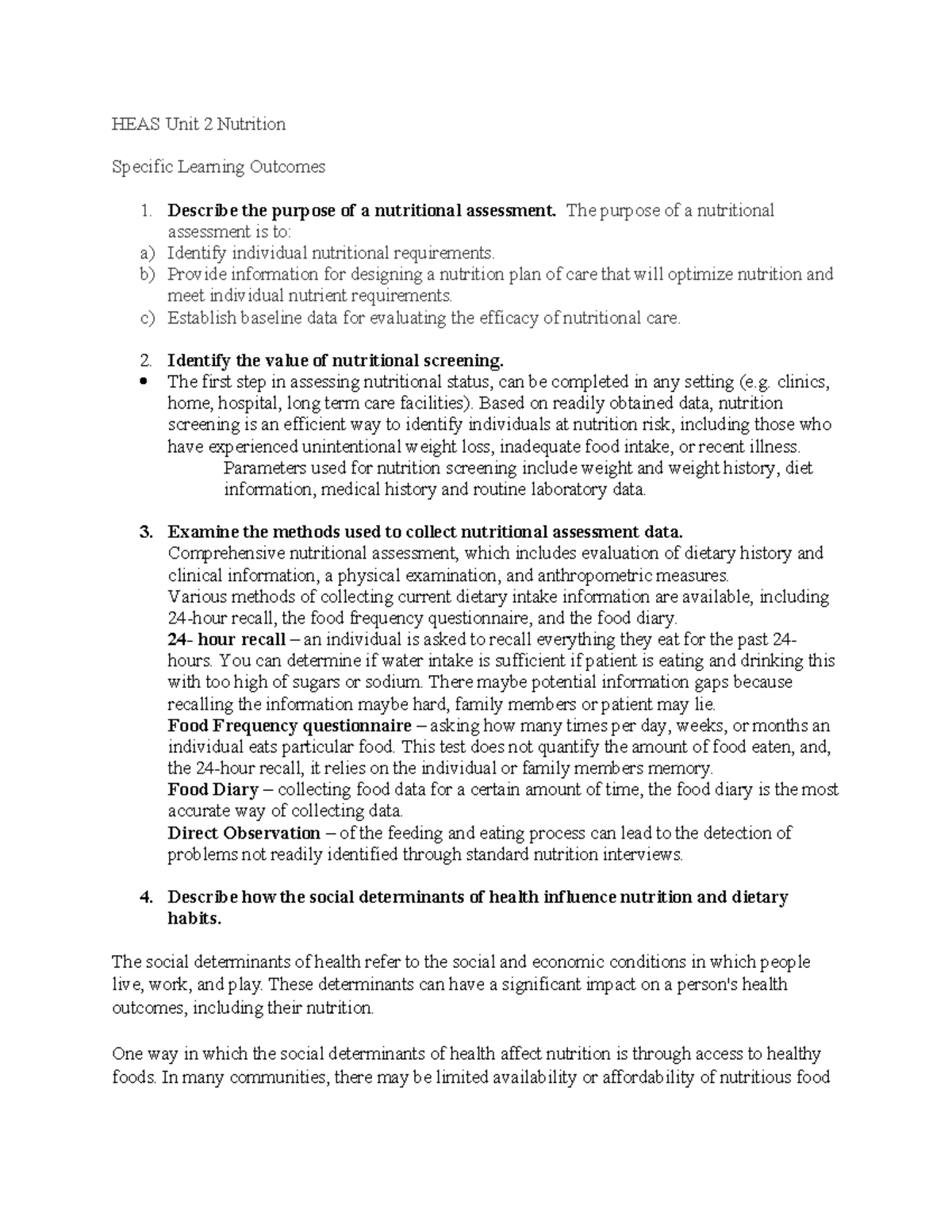 HEAS Unit 2 Nutrition - Summary Health Assessment - HEAS Unit 2 ...