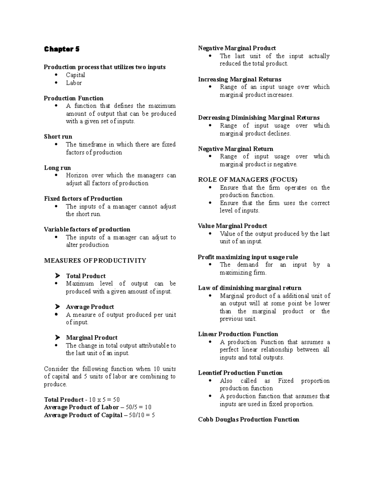 Chapter 5 reviewer economics KYLE - Chapter 5 Production process that ...