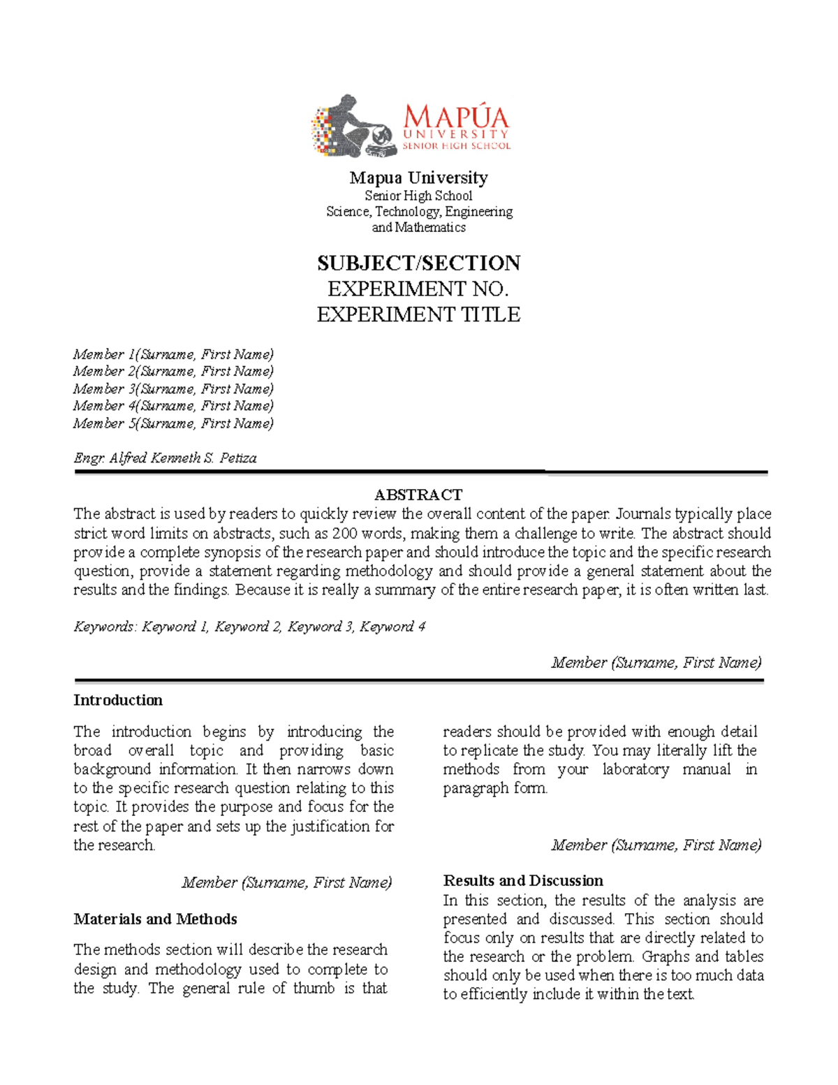 LAB Report Format Mapua University Senior High School Science