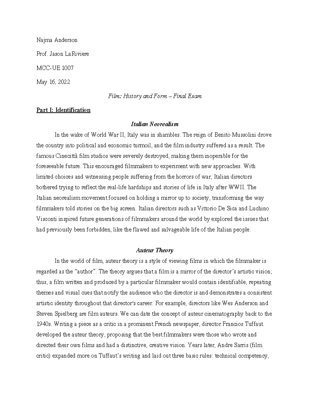 Film Final Exam Classwork Najma Anderson Prof. Jason LaRiviere MCC