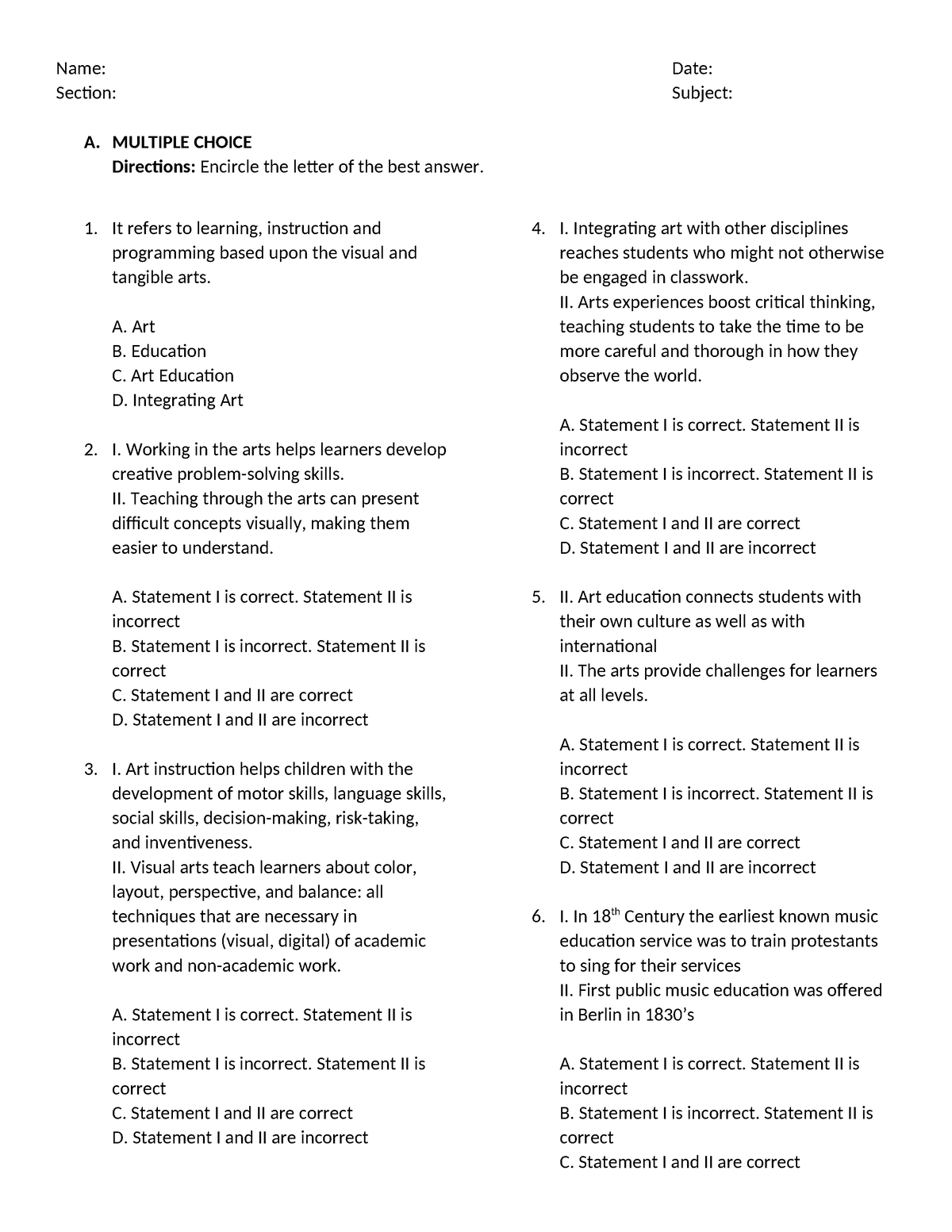 Early Childhood UNIT I-II LONG QUIZ - Name: Date: Section: Subject: A ...