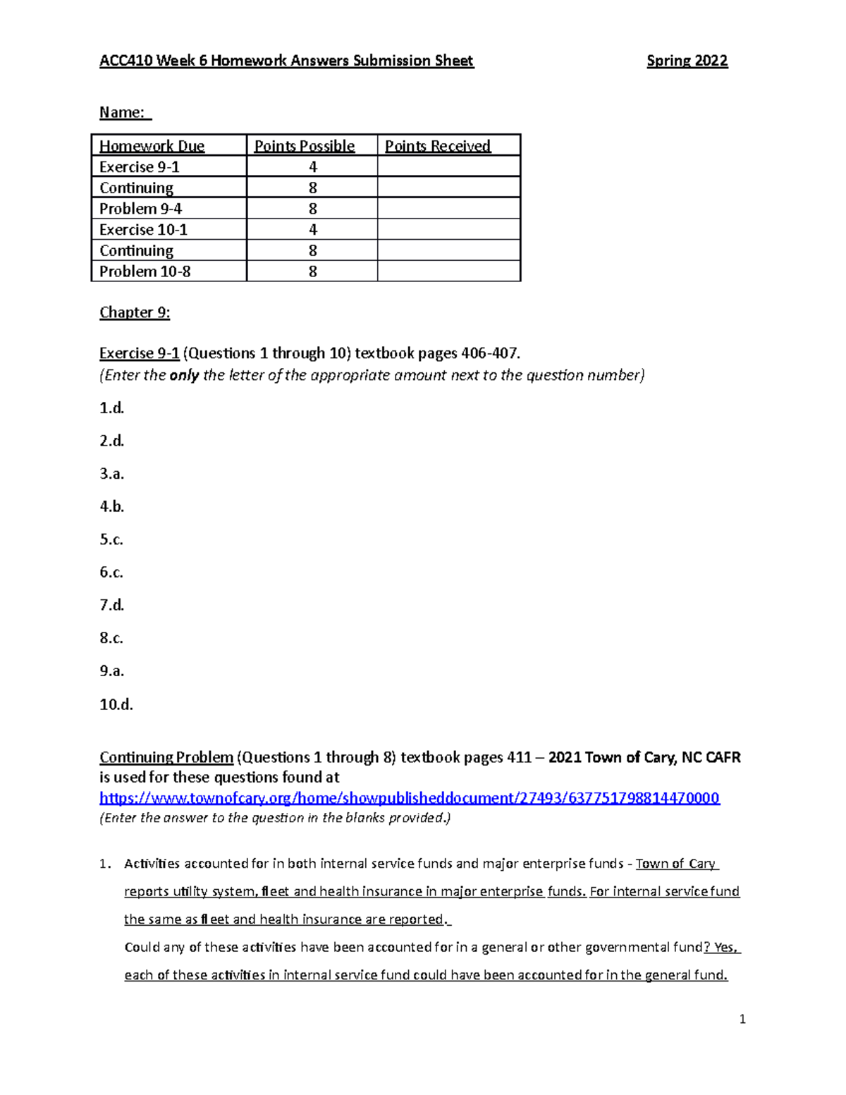 ACC410 Week 6 Homework Answers Submission Sheet Spring 2022 - Name ...