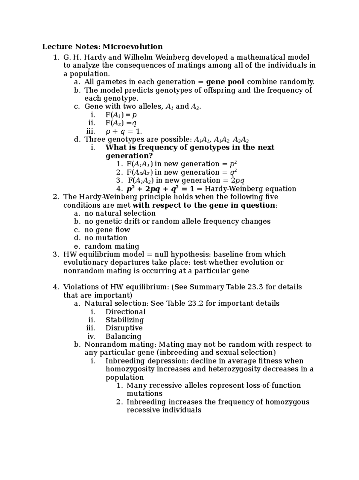 BIO 1331 Notes Microevolution - Lecture Notes: Microevolution G. H ...