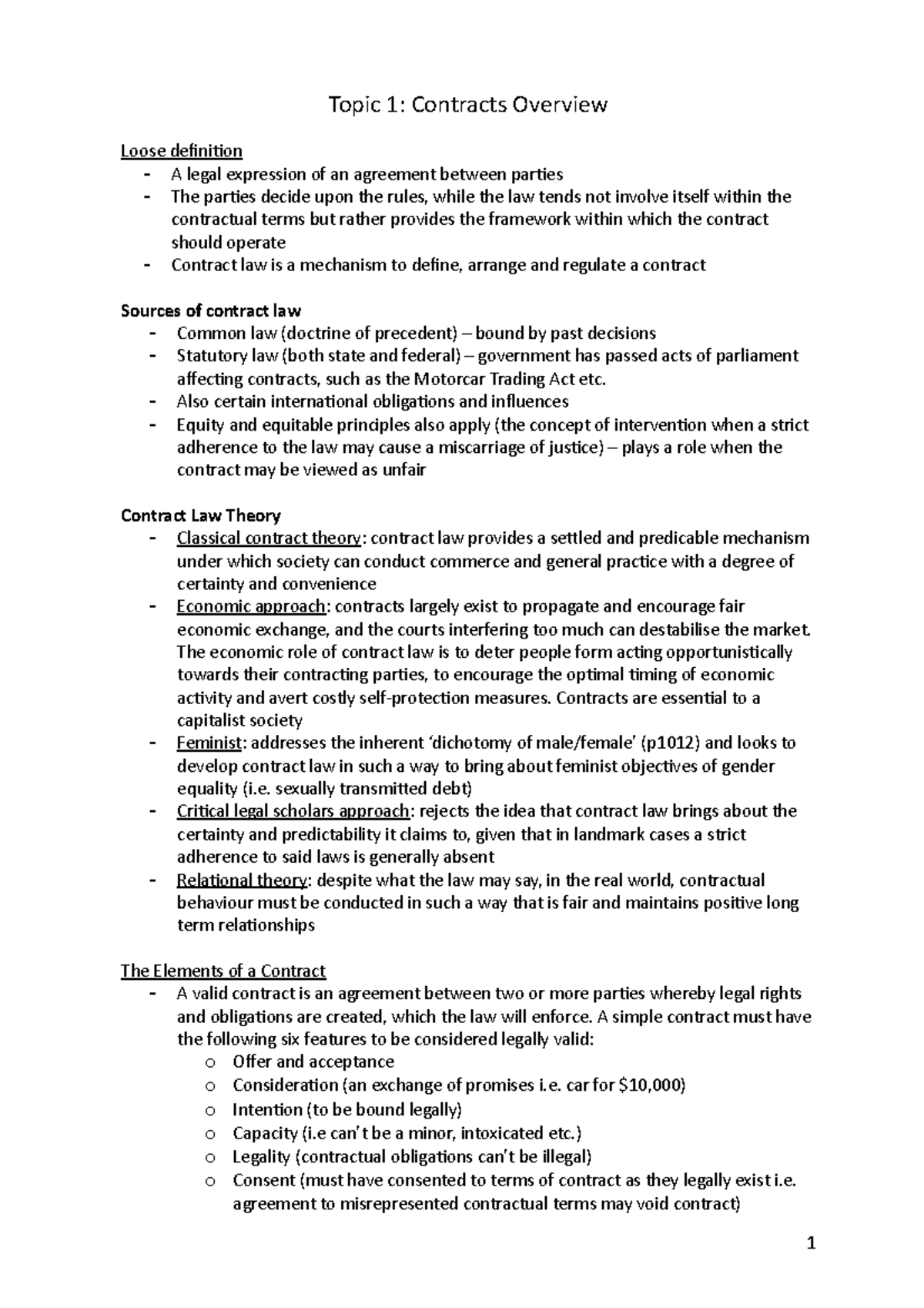 Contracts Notes - Topic 1: Contracts Overview Loose definition A legal ...