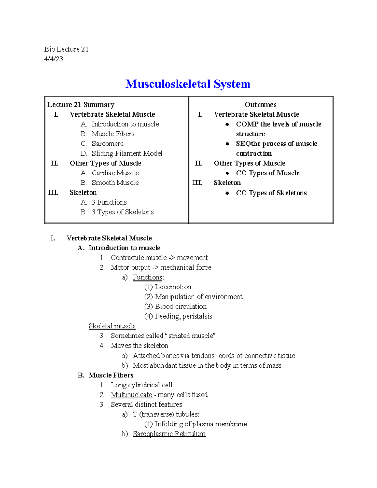 GBII L21 Musculoskeletal System - Bio Lecture 21 4/4/ Musculoskeletal ...
