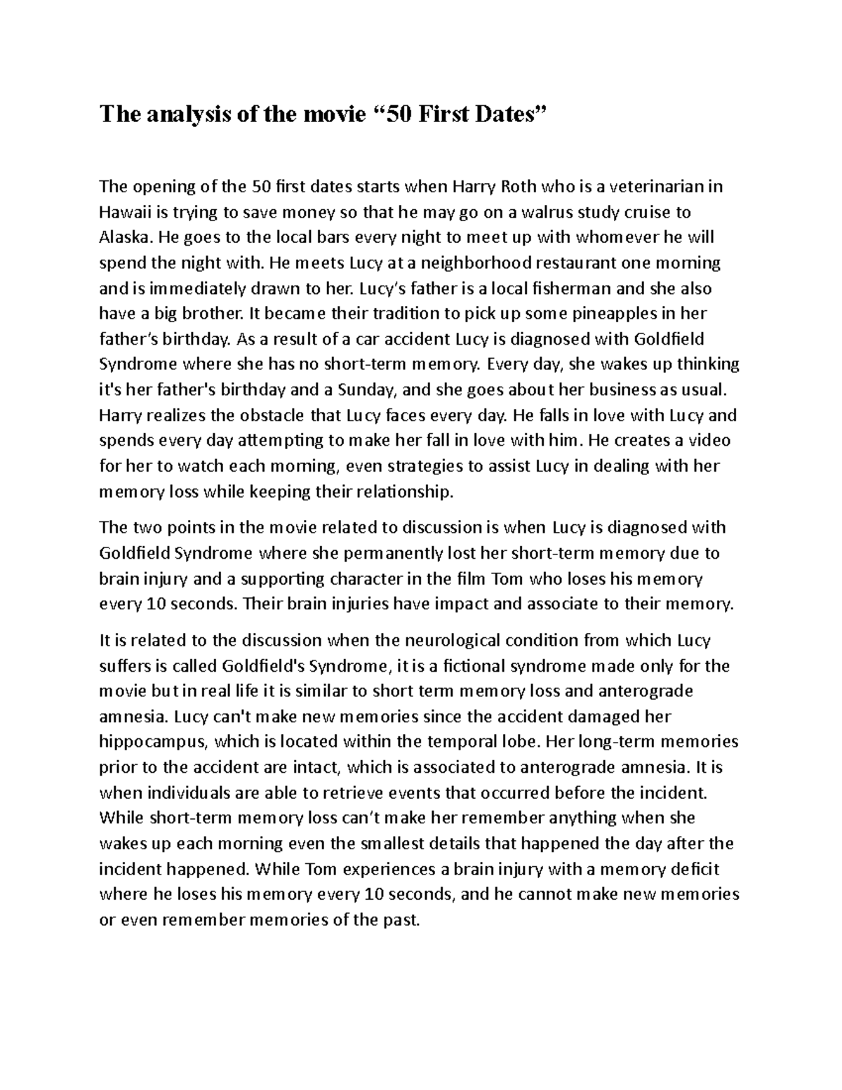50 First Dates the same The analysis of the movie ‘‘50 First Dates