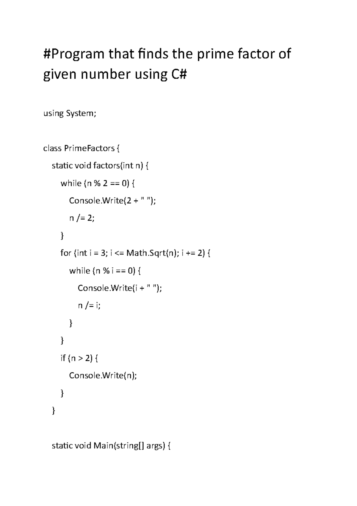 prime factor of a number in c