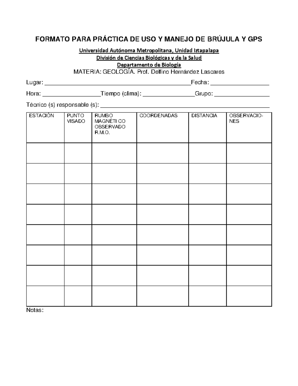Formato para usos y manejo de GPS - FORMATO PARA PRÁCTICA DE USO Y ...