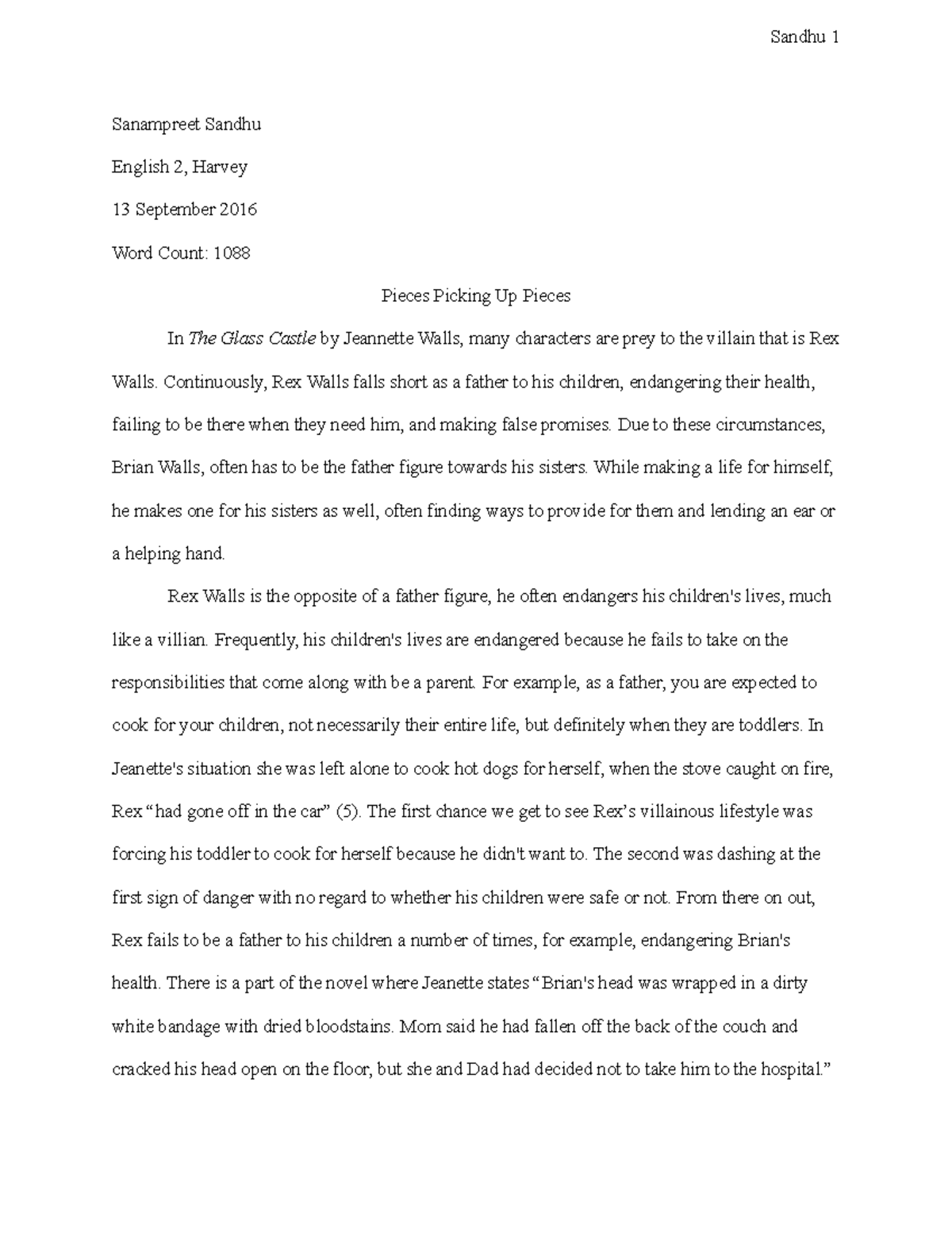 Glass Castle Essay Lecture notes 5 Sanampreet Sandhu English 2