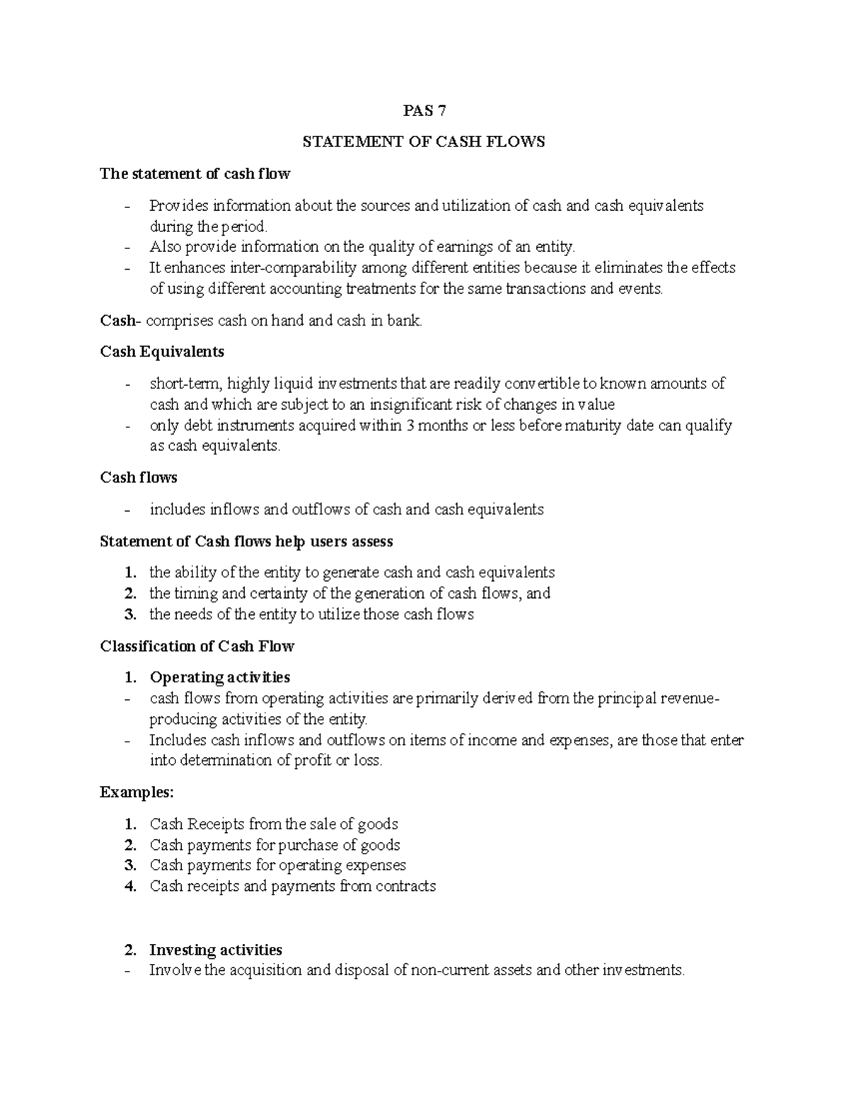 Acctg 112 PAS 7 AND 8 Reviewer - PAS 7 STATEMENT OF CASH FLOWS The ...